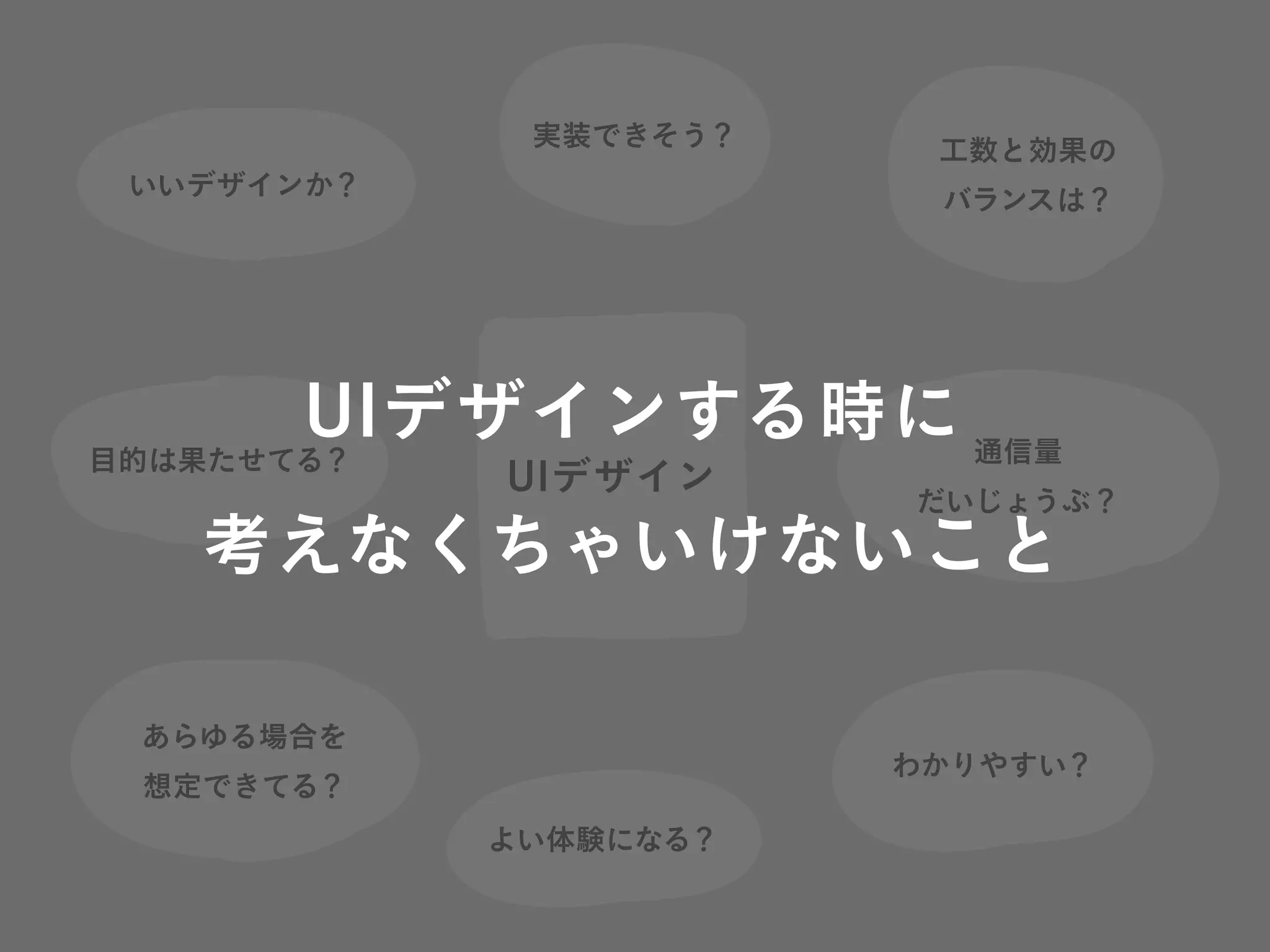 UIデザイン
実装できそう？
通信量
だいじょうぶ？
目的は果たせてる？
工数と効果の
バランスは？
いいデザインか？
わかりやすい？
よい体験になる？
あらゆる場合を
想定できてる？
UIデザインする時に
考えなくちゃいけないこと
 