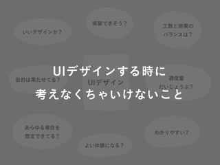 UIデザイン
実装できそう？
通信量
だいじょうぶ？
目的は果たせてる？
工数と効果の
バランスは？
いいデザインか？
わかりやすい？
よい体験になる？
あらゆる場合を
想定できてる？
UIデザインする時に
考えなくちゃいけないこと
 