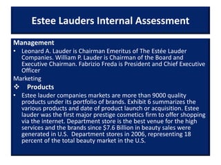 Estee Lauders Internal Assessment
Management
• Leonard A. Lauder is Chairman Emeritus of The Estée Lauder
Companies. William P. Lauder is Chairman of the Board and
Executive Chairman. Fabrizio Freda is President and Chief Executive
Officer
Marketing
 Products
• Estee lauder companies markets are more than 9000 quality
products under its portfolio of brands. Exhibit 6 summarizes the
various products and date of product launch or acquisition. Estee
lauder was the first major prestige cosmetics firm to offer shopping
via the internet. Department store is the best venue for the high
services and the brands since $7.6 Billion in beauty sales were
generated in U.S. Department stores in 2006, representing 18
percent of the total beauty market in the U.S.
 