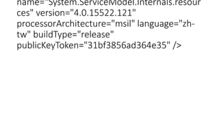 name="System.ServiceModel.Internals.resour
ces" version="4.0.15522.121"
processorArchitecture="msil" language="zh-
tw" buildType="release"
publicKeyToken="31bf3856ad364e35" />
 