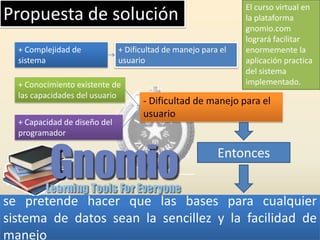 El curso virtual en la plataforma gnomio.com logrará facilitar enormemente la aplicación practica del sistema implementado.Propuesta de solución+ Complejidad de sistema + Dificultad de manejo para el usuario+ Conocimiento existente de las capacidades del usuario- Dificultad de manejo para el usuario+ Capacidad de diseño del programadorEntoncesse pretende hacer que las bases para cualquier sistema de datos sean la sencillez y la facilidad de manejo
