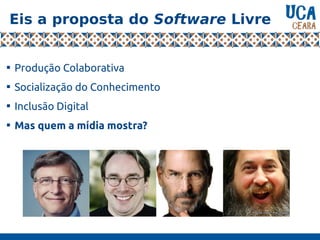 Eis a proposta do Software Livre

Produção Colaborativa

Socialização do Conhecimento

Inclusão Digital

Mas quem a mídia mostra?
 