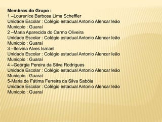 Membros do Grupo :
1 –Lourenice Barbosa Lima Scheffler
Unidade Escolar : Colégio estadual Antonio Alencar leão
Municpio : Guaraí
2 –Maria Aparecida do Carmo Oliveira
Unidade Escolar : Colégio estadual Antonio Alencar leão
Municpio : Guaraí
3 –Itelvina Alves Ismael
Unidade Escolar : Colégio estadual Antonio Alencar leão
Municpio : Guaraí
4 –Geórgia Pereira da Silva Rodrigues
Unidade Escolar : Colégio estadual Antonio Alencar leão
Municpio : Guaraí
5-Maria de Fátima Ferreira da Silva Sabóia
Unidade Escolar : Colégio estadual Antonio Alencar leão
Municpio : Guaraí

 