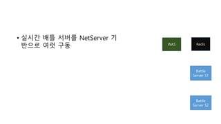 • 실시간 배틀 서버를 NetServer 기
반으로 여럿 구동 WAS
Battle
Server S1
Battle
Server S2
Redis
 
