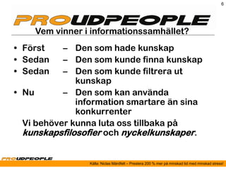 6




    Vem vinner i informationssamhället?
• Först    – Den som hade kunskap
• Sedan    – Den som kunde finna kunskap
• Sedan    – Den som kunde filtrera ut
              kunskap
• Nu       – Den som kan använda
              information smartare än sina
              konkurrenter
  Vi behöver kunna luta oss tillbaka på
  kunskapsfilosofier och nyckelkunskaper.


                Källa: Niclas Mårdfelt – Prestera 200 % mer på minskad tid med minskad stress!
 