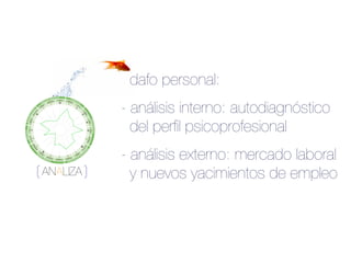 dafo personal:
          - análisis interno: autodiagnóstico
            del perﬁl psicoprofesional
          - análisis externo: mercado laboral
ANALIZA     y nuevos yacimientos de empleo
 