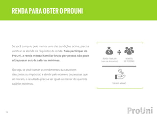 Se você cumpriu pelo menos uma das condições acima, precisa
verificar se atende os requisitos de renda. Para participar do
ProUni, a renda mensal familiar bruta por pessoa não pode
ultrapassar os três salários mínimos.
Ou seja, se você somar os rendimentos da casa (sem
descontos ou impostos) e dividir pelo número de pessoas que
ali moram, o resultado precisa ser igual ou menor do que três
salários mínimos.
4
NÚMERO
DE PESSOAS
RENDA FAMILIAR
(sem os descontos)
SALÁRIO MÍNIMO
RENDAPARAOBTEROPROUNI
 