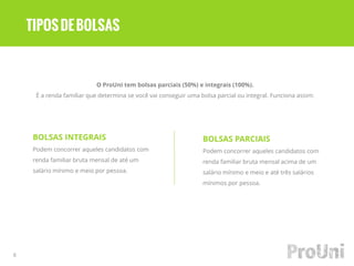 O ProUni tem bolsas parciais (50%) e integrais (100%).
É a renda familiar que determina se você vai conseguir uma bolsa parcial ou integral. Funciona assim:
6
BOLSAS PARCIAIS
Podem concorrer aqueles candidatos com
renda familiar bruta mensal acima de um
salário mínimo e meio e até três salários
mínimos por pessoa.
BOLSAS INTEGRAIS
Podem concorrer aqueles candidatos com
renda familiar bruta mensal de até um
salário mínimo e meio por pessoa.
TIPOSDEBOLSAS
 
