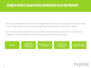 Linguagens,
Códigos e suas
Tecnologias
Matemática e suas
Tecnologias
Ciências Humanas
e suas tecnologias
Redação
Quando acontece empate, com dois ou mais candidatos que tiveram a mesma pontuação no Enem concorrendo
à mesma vaga, o sistema do ProUni usa dá prioridade para aquele que teve a maior nota na redação.
Se as notas de redação também forem iguais, o sistema classifica aquele que teve a melhor nota na prova de
Linguagens e assim por diante. Os critérios de desempate do ProUni são, nesta ordem:
9
COMOOENEMÉUSADOPARACONSEGUIRVAGANOPROUNI?
Ciências da
Natureza e suas
tecnologias
 