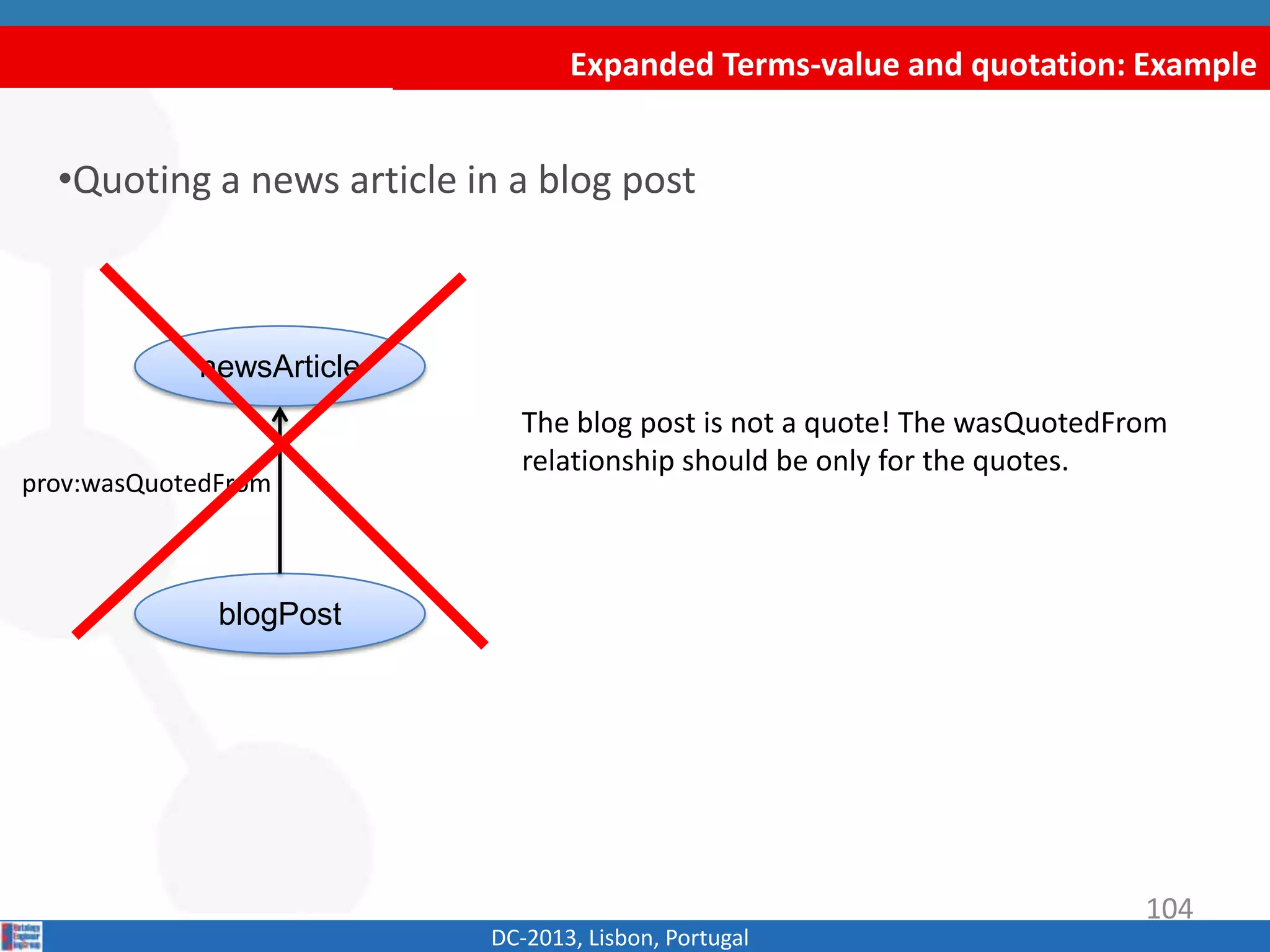 Expanded Terms-value and quotation: Example
DC-2013, Lisbon, Portugal
•Quoting a news article in a blog post
blogPost
newsArticle
prov:wasQuotedFrom
The blog post is not a quote! The wasQuotedFrom
relationship should be only for the quotes.
104
 
