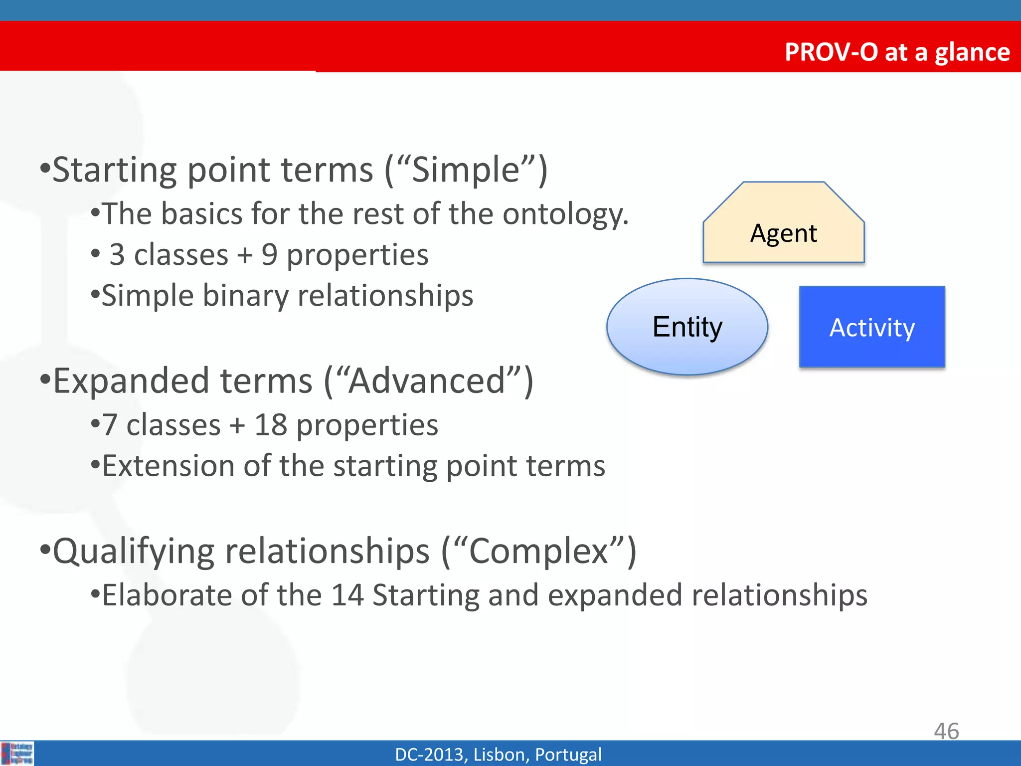 PROV-O at a glance
•Starting point terms (“Simple”)
•The basics for the rest of the ontology.
• 3 classes + 9 properties
•Simple binary relationships
•Expanded terms (“Advanced”)
•7 classes + 18 properties
•Extension of the starting point terms
•Qualifying relationships (“Complex”)
•Elaborate of the 14 Starting and expanded relationships
DC-2013, Lisbon, Portugal
Agent
ActivityEntity
46
 