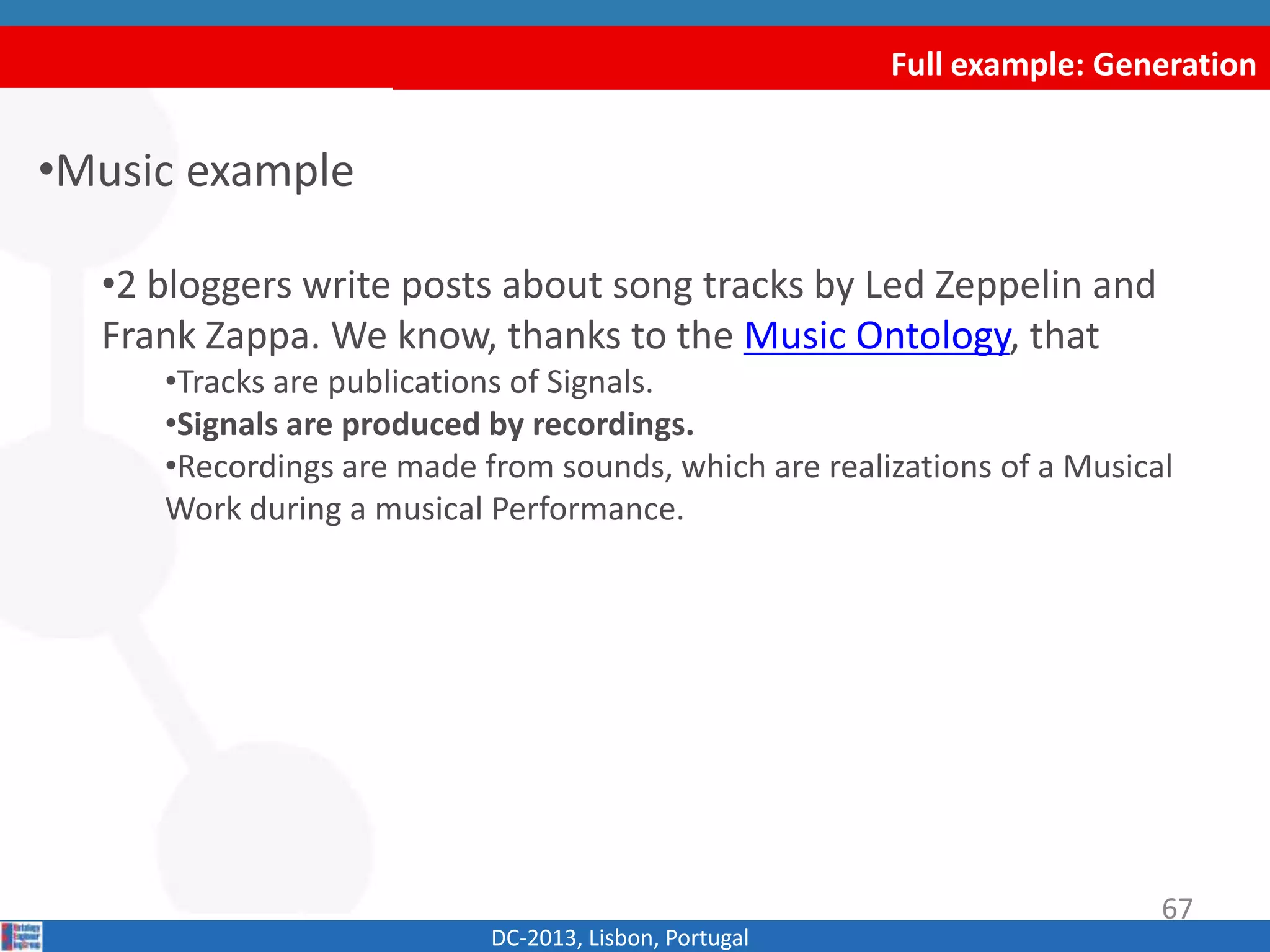 Full example: Generation
•Music example
•2 bloggers write posts about song tracks by Led Zeppelin and
Frank Zappa. We know, thanks to the Music Ontology, that
•Tracks are publications of Signals.
•Signals are produced by recordings.
•Recordings are made from sounds, which are realizations of a Musical
Work during a musical Performance.
DC-2013, Lisbon, Portugal
67
 