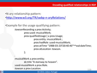 Encoding qualified relationships in RDF
DC-2013, Lisbon, Portugal
•N-ary relationship pattern:
•http://www.w3.org/TR/swbp-n-aryRelations/
•Example for the usage qualifying pattern:
:towsonRecording a prov:Activity;
prov:used :musicalWork;
prov:qualifiedUsage [ a prov:Usage;
prov:entity :musicalWork ;
prov:hadRole :used-musicalWork;
prov:atTime “1988-03-23T20:40:40"^^xsd:dateTime;
prov:atLocation :towson.
];
.
:musicalWork a prov:entity;
dc:title “A stairway to heaven”.
:used-musialWork a prov:Role.
:towson a prov:Location. 119
 
