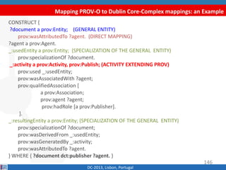Mapping PROV-O to Dublin Core-Complex mappings: an Example
DC-2013, Lisbon, Portugal
CONSTRUCT {
?document a prov:Entity; (GENERAL ENTITY)
prov:wasAttributedTo ?agent. (DIRECT MAPPING)
?agent a prov:Agent.
_:usedEntity a prov:Entity; (SPECIALIZATION OF THE GENERAL ENTITY)
prov:specializationOf ?document.
_:activity a prov:Activity, prov:Publish; (ACTIVITY EXTENDING PROV)
prov:used _:usedEntity;
prov:wasAssociatedWith ?agent;
prov:qualifiedAssociation [
a prov:Association;
prov:agent ?agent;
prov:hadRole [a prov:Publisher].
].
_:resultingEntity a prov:Entity; (SPECIALIZATION OF THE GENERAL ENTITY)
prov:specializationOf ?document;
prov:wasDerivedFrom _:usedEntity;
prov:wasGeneratedBy _:activity;
prov:wasAttributedTo ?agent.
} WHERE { ?document dct:publisher ?agent. }
146
 