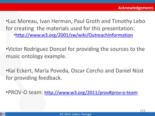 Acknowledgements
DC-2013, Lisbon, Portugal
•Luc Moreau, Ivan Herman, Paul Groth and Timothy Lebo
for creating some of the materials used for this
presentation:
•http://www.w3.org/2001/sw/wiki/OutreachInformation
•Victor Rodriguez Doncel for providing the sources to the
music ontology example.
•Kai Eckert, María Poveda, Oscar Corcho and Daniel Nüst
for providing feedback.
•PROV-O team: http://www.w3.org/2011/prov#prov‐o‐team
152
 