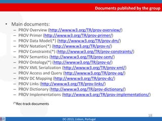 Documents published by the group
DC-2013, Lisbon, Portugal
• Main documents:
– PROV Overview (http://www.w3.org/TR/prov-overview/)
– PROV Primer (http://www.w3.org/TR/prov-primer/)
– PROV Data Model(*) (http://www.w3.org/TR/prov-dm/)
– PROV Constraints(*) (http://www.w3.org/TR/prov-constraints/)
– PROV Semantics (http://www.w3.org/TR/prov-sem/)
– PROV Notation(*) (http://www.w3.org/TR/prov-n/)
– PROV Ontology(*) (http://www.w3.org/TR/prov-o/)
– PROV XML Serialization (http://www.w3.org/TR/prov-xml/)
– PROV Access and Query (http://www.w3.org/TR/prov-aq/)
– PROV DC Mapping (http://www.w3.org/TR/prov-dc/)
– PROV Links (http://www.w3.org/TR/prov-links/)
– PROV Dictionary (http://www.w3.org/TR/prov-dictionary/)
– PROV Implementations (http://www.w3.org/TR/prov-implementations/)
(*)Rec-track documents
18
 