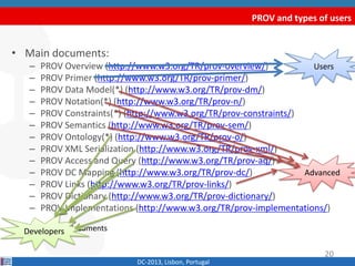 • Main documents:
– PROV Overview (http://www.w3.org/TR/prov-overview/)
– PROV Primer (http://www.w3.org/TR/prov-primer/)
– PROV Data Model(*) (http://www.w3.org/TR/prov-dm/)
– PROV Constraints(*) (http://www.w3.org/TR/prov-constraints/)
– PROV Semantics (http://www.w3.org/TR/prov-sem/)
– PROV Notation(*) (http://www.w3.org/TR/prov-n/)
– PROV Ontology(*) (http://www.w3.org/TR/prov-o/)
– PROV XML Serialization (http://www.w3.org/TR/prov-xml/)
– PROV Access and Query (http://www.w3.org/TR/prov-aq/)
– PROV DC Mapping (http://www.w3.org/TR/prov-dc/)
– PROV Links (http://www.w3.org/TR/prov-links/)
– PROV Dictionary (http://www.w3.org/TR/prov-dictionary/)
– PROV Implementations (http://www.w3.org/TR/prov-implementations/)
(*)Rec-track documents
PROV and types of users
DC-2013, Lisbon, Portugal
Users
Advanced
20
Developers
 