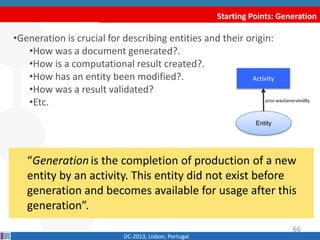 Starting Points: Generation
DC-2013, Lisbon, Portugal
“Generation is the completion of production of a new
entity by an activity. This entity did not exist before
generation and becomes available for usage after this
generation”.
•Generation is crucial for describing entities and their origin:
•How was a document generated?.
•How is a computational result created?.
•How has an entity been modified?.
•How was a result validated?
•Etc.
Activity
Entity
prov:wasGeneratedBy
66
 