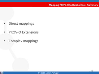 Mapping PROV-O to Dublin Core: Summary
DC-2013, Lisbon, Portugal
• Direct mappings
• PROV-O Extensions
• Complex mappings
...