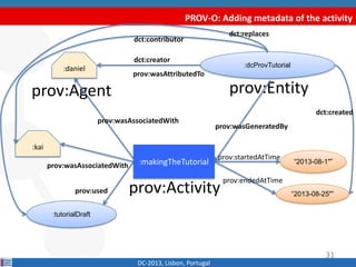 PROV-O: Adding metadata of the activity
DC-2013, Lisbon, Portugal
:dcProvTutorial
:daniel
dct:creator
prov:Agent prov:Enti...