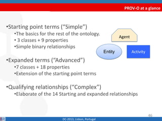 PROV-O at a glance
•Starting point terms (“Simple”)
•The basics for the rest of the ontology.
• 3 classes + 9 properties
•...