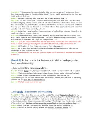 Prov 4:20-22 20 My son, attend to my words; incline thine ear unto my sayings. 21 Let them not depart 
from thine eyes; keep them in the midst of thine heart. 22 For they are life unto those that find them, and 
health to all their flesh. KJV 
Prov 6:21 Bind them continually upon thine heart, and tie them about thy neck. KJV 
Deut 6:6-9 6 And these words, which I command thee this day, shall be in thine heart: 7 And thou shalt 
teach them diligently unto thy children, and shalt talk of them when thou sittest in thine house, and when 
thou walkest by the way, and when thou liest down, and when thou risest up. 8 And thou shalt bind them 
for a sign upon thine hand, and they shall be as frontlets between thine eyes. 9 And thou shalt write them 
upon the posts of thy house, and on thy gates. KJV 
Job 23:12 Neither have I gone back from the commandment of his lips; I have esteemed the words of his 
mouth more than my necessary food. KJV 
Ps 119:9-11 9 Wherewithal shall a young man cleanse his way? by taking heed thereto according to thy 
word. 10 With my whole heart have I sought thee: O let me not wander from thy commandments. 11 Thy 
word have I hid in mine heart, that I might not sin against thee. KJV 
Matt 13:44 Again, the kingdom of heaven is like unto treasure hid in a field; the which when a man hath 
found, he hideth, and for joy thereof goeth and selleth all that he hath, and buyeth that field. KJV 
Luke 2:19 But Mary kept all these things, and pondered them in her heart. KJV 
Luke 2:51 And he went down with them, and came to Nazareth, and was subject unto them: but his 
mother kept all these sayings in her heart. KJV 
Luke 9:44 Let these sayings sink down into your ears: for the Son of man shall be delivered into the hands 
of men. KJV 
(Prov 2:2) So that thou incline thine ear unto wisdom, and apply thine 
heart to understanding; 
…thou incline thine ear unto wisdom… 
Prov 18:1 Through desire a man, having separated himself, seeketh and intermeddleth with all wisdom. 
Ps 119:111 Thy testimonies have I taken as an heritage for ever: for they are the rejoicing of my heart. 
Ps 119:112 I have inclined mine heart to perform thy statutes alway, even unto the end. 
Isa 55:3 Incline your ear, and come unto me: hear, and your soul shall live; and I will make an everlasting 
covenant with you, even the sure mercies of David. 
Matt 13:9 Who hath ears to hear, let him hear. 
…and apply thine heart to understanding 
Prov 22:17-21 17 Bow down thine ear, and hear the words of the wise, and apply thine heart unto my 
knowledge. 18 For it is a pleasant thing if thou keep them within thee; they shall withal be fitted in thy lips. 
19 That thy trust may be in the LORD, I have made known to thee this day, even to thee. 20 Have not I 
written to thee excellent things in counsels and knowledge, 21 That I might make thee know the certainty 
of the words of truth; that thou mightest answer the words of truth to them that send unto thee? KJV 
Prov 23:12 Apply thine heart unto instruction, and thine ears to the words of knowledge. KJV 
Ps 90:12 So teach us to number our days, that we may apply our hearts unto wisdom. KJV 
 