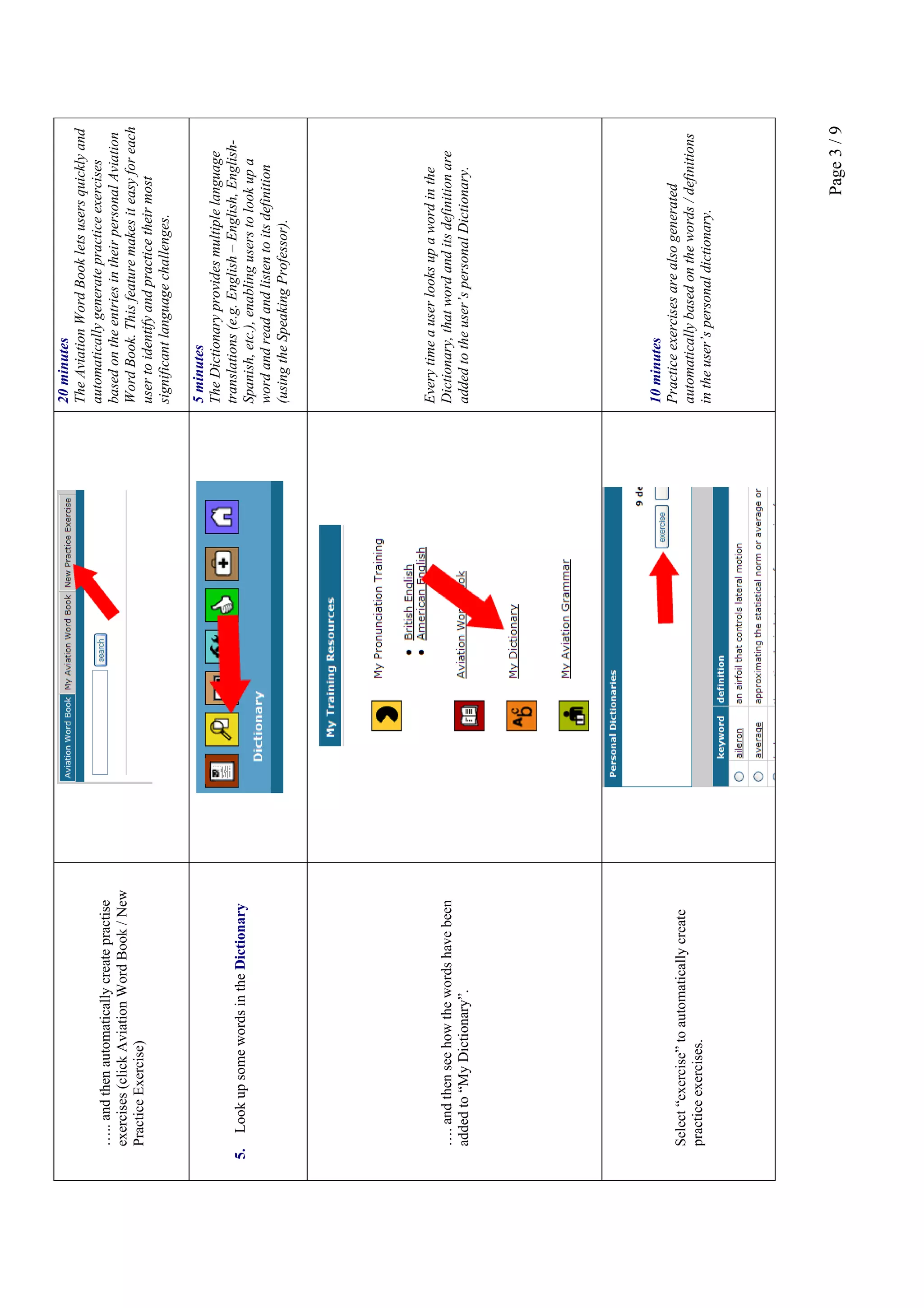 Page3/9
…..andthenautomaticallycreatepractise
exercises(clickAviationWordBook/New
PracticeExercise)
20minutes
TheAviationWordBookletsusersquicklyand
automaticallygeneratepracticeexercises
basedontheentriesintheirpersonalAviation
WordBook.Thisfeaturemakesiteasyforeach
usertoidentifyandpracticetheirmost
significantlanguagechallenges.
5.LookupsomewordsintheDictionary
5minutes
TheDictionaryprovidesmultiplelanguage
translations(e.g.English–English,English-
Spanish,etc.),enablinguserstolookupa
wordandreadandlistentoitsdefinition
(usingtheSpeakingProfessor).
….andthenseehowthewordshavebeen
addedto“MyDictionary”.
Everytimeauserlooksupawordinthe
Dictionary,thatwordanditsdefinitionare
addedtotheuser’spersonalDictionary.
Select“exercise”toautomaticallycreate
practiceexercises.
10minutes
Practiceexercisesarealsogenerated
automaticallybasedonthewords/definitions
intheuser’spersonaldictionary.
 
