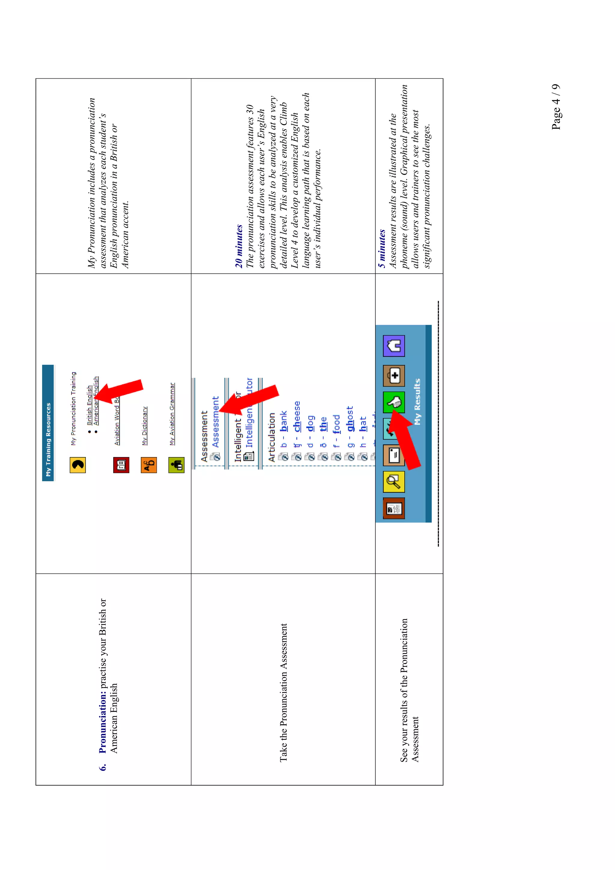 Page4/9
6.Pronunciation:practiseyourBritishor
AmericanEnglish
MyPronunciationincludesapronunciation
assessmentthatanalyzeseachstudent’s
EnglishpronunciationinaBritishor
Americanaccent.
TakethePronunciationAssessment
20minutes
Thepronunciationassessmentfeatures30
exercisesandallowseachuser’sEnglish
pronunciationskillstobeanalyzedatavery
detailedlevel.ThisanalysisenablesClimb
Level4todevelopacustomizedEnglish
languagelearningpaththatisbasedoneach
user’sindividualperformance.
SeeyourresultsofthePronunciation
Assessment
----------------------------------------------------------------------------
5minutes
Assessmentresultsareillustratedatthe
phoneme(sound)level.Graphicalpresentation
allowsusersandtrainerstoseethemost
significantpronunciationchallenges.
 