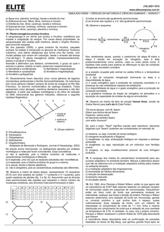 (19) 3251-1012
                                                                                                                         www.elitecampinas.com.br
                                                             SIMULADO ENEM – CIÊNCIAS DA NATUREZA E CIÊNCIAS HUMANAS – 18/06/2011

a) Água-viva, planária, lombriga, barata e estrela-do-mar.                      d) todas as árvores são igualmente parcimoniosas
b) Anêmona-do-mar, filária, tênia, minhoca e homem.                             e) as árvores das opções a. e b. são igualmente parcimoniosas
c) Estrela-do-mar, tênia, caramujo, barata e minhoca.
d) Esponja-do-mar, lombriga, minhoca, caramujo e homem.                         13. Observe o esquema:
e) Água-viva, tênia, caramujo, planária e minhoca.
10. Planta transgênica produz hirudina.
A sanguessuga é um verme que produz a hirudina, substância que
impede a coagulação do sangue. Por causa dessa propriedade, as
sanguessugas são usadas pela medicina, desde o Império Romano,
para provocar sangrias.
No ano passado (2009), o gene produtor da hirudina, naqueles
animais, foi isolado e introduzido no genoma de Carthamus Tinctorius
(cártamo), uma planta oleaginosa que forma uma flor bonita, com
muitas pétalas que variam em coloração, desde o amarelo até laranja
                                                                                Nos vertebrados atuais, quando o predomínio da etapa II sobre a
(“cor-de-fogo”). A planta transgênica obtida, impressionantemente,
                                                                                etapa I resulta em excreção de nitrogênio, esta é feita
passou a produzir a hirudina.
                                                                                predominantemente como amônia, ureia ou urato (ácido úrico). A
Assinale a alternativa que destaca, corretamente, o grupo ao qual o
                                                                                hipótese mais aceita para explicar as diferenças no tipo de composto
animal e a planta, citados no texto, pertencem respectivamente.
                                                                                nitrogenado excretado considera
a) Nemátoda e coniferophyta.          b) Nemátoda e magnoliophyta.
c) Nemátoda e cycadophyta.            d) Annelida e magnoliophyta.              a) a posição ocupada pelo animal na cadeia trófica e a temperatura
e) Annelida e ginkgophyta.                                                      ambiental.
11. Recentemente foram descritos cinco novos gêneros de lagartos                b) o tipo de composto nitrogenado dominante na dieta e a
microteídeos pertencentes à família Gymnophthalmidae. Os indivíduos             disponibilidade de água.
dos novos gêneros habitam campos de dunas às margens do Rio São                 c) o custo energético para a produção do composto excretado e a
Francisco, no domínio morfoclimático da caatinga brasileira. Todos              presença de vias metabólicas capazes de sintetizá-lo.
apresentam corpo alongado, membros dianteiros reduzidos e não têm               d) a disponibilidade de água e o gasto energético para a produção do
pálpebras. A partir das análises morfológicas e de sítios de restrição          composto excretado.
no DNA mitocondrial dos gêneros indicados, obteve-se a seguinte                 e) a gradativa mudança da fração de nitrogênio na atmosfera e a
hipótese filogenética:                                                          aquisição da capacidade de síntese de alguns aminoácidos.

                                                                                14. Observe um trecho da letra da canção Vamos Amar, versão de
                                                                                Carlos Rennó para Let's do it (Cole Porter).

                                                                                "Os louva-deuses, com fé, fazem
                                                                                Dizem que bichos-de-pé fazem
                                                                                Façamos, vamos amar
                                                                                As taturanas também fazem
                                                                                com ardor incomum"

                                                                                Se, para o autor, "fazer" significa copular para reproduzir, taturanas
                                                 X: (Grupo externo)             (lagartas) que "fazem" poderiam ser consideradas um exemplo de
A: Procellosaurinus
B: Vanzosaura                                                                   a) neotenia, ou seja, inversão do tempo biológico.
C: Psilophtalmus                                                                b) ontogenia recapitulando a filogenia.
D: Nothobachia                                                                  c) neogênese, ou seja, antecipação biológica em resposta a estresse
E: Calyptommatus                                                                ambiental.
    (Adaptado de Benozzati e Rodrigues. Journal of Herpetology, 2002)           d) progênese, ou seja, reprodução de um indivíduo com fenótipo
                                                                                juvenil.
No estudo acima mencionado, os cladogramas gerados por análises                 e) progeria, ou seja, envelhecimento precoce de uma linhagem
morfológica e molecular foram coincidentes. Essa coincidência                   evolutiva.
a) não é esperada, pois a história evolutiva de moléculas e
características morfológicas é diferente.                                       15. A carapaça dos insetos foi característica fundamental para seu
b) é esperada, uma vez que as espécies estudadas são monofiléticas.
                                                                                sucesso adaptativo no ambiente terrestre. Marque a alternativa abaixo
c) é esperada, pois a história evolutiva do grupo é a mesma.
                                                                                que não se relaciona com a irradiação adaptativa sofrida pelos insetos
d) é casual, devido a fatores aleatórios.
                                                                                no ambiente terrestre:
e)) não é obrigatória, pois as características analisadas são diferentes.       a) a irradiação adaptativa das Angiospermas.
12. Observe a matriz de dados abaixo, representando 15 caracteres               b) diversidade de hábitos alimentares.
(A-O) com dois estados de caráter: 1 = presente e 0 = ausente), para            c) redução da dessecação.
quatro espécies de plantas (Sp. 3 a Sp. 6). Assumindo que as árvores            d) tamanho reduzido.
mais parcimoniosas são aquelas que requerem o menor número de                   e) circulação aberta.
mudanças evolutivas, a(s) árvore(s) mais parcimoniosa(s) é (são)
                                                                                16. Em 1965, Arno Penzias e Robert Wilson, então no que agora são
                                                                                os Laboratórios da AT&T Bell, estavam testando um delicado receptor
                                                                                de microondas usado em pesquisas de comunicações. Descobriram
                                                                                então um fraco ruído de fundo que permanecia imutável em
                                                                                intensidade, qualquer que fosse a direção da antena. Penzias e Wilson
                                                                                estavam observando uma radiação de fundo em microondas, gerada
                                                                                no universo primitivo e que enchia todo o espaço, quase
a)                                b)
                                                                                uniformemente. Essa radiação de fundo, com um máximo de
                                                                                intensidade no comprimento de onda de 1,1 mm, tinha a mesma
                                                                                distribuição em comprimento de onda que a radiação de uma cavidade
                                                                                na temperatura de 2,7K. A cavidade, no caso, era o próprio universo.
c)                                                                              Penzias e Wilson receberam o prêmio Nobel de 1978 pela descoberta
                                                                                que fizeram.
                                                                                A importância dessa descoberta está na confirmação de previsões
                                                                                baseadas na teoria do Big Bang, que ganhou grande força após as
                                                                            2
 