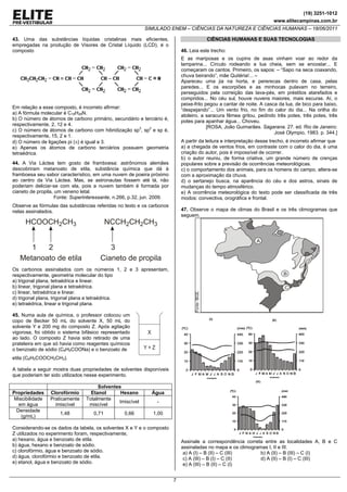(19) 3251-1012
                                                                                                                       www.elitecampinas.com.br
                                                          SIMULADO ENEM – CIÊNCIAS DA NATUREZA E CIÊNCIAS HUMANAS – 18/06/2011

43. Uma das substâncias líquidas cristalinas mais eficientes,                           CIÊNCIAS HUMANAS E SUAS TECNOLOGIAS
empregadas na produção de Visores de Cristal Líquido (LCD), é o
composto                                                                    46. Leia este trecho:
                                                                            E as mariposas e os cupins de asas vinham voar ao redor da
                                                                            lamparina... Círculo rodeando a lua cheia, sem se encostar... E
                                                                            começaram os cantos. Primeiro, os sapos: – “Sapo na seca coaxando,
                                                                            chuva beirando”, mãe Quitéria!... –
                                                                            Apareceu uma jia na horta, e pererecas dentro de casa, pelas
                                                                            paredes... E os escorpiões e as minhocas pulavam no terreiro,
                                                                            perseguidos pela correição das lava-pés, em préstitos atarefados e
                                                                            compridos... No céu sul, houve nuvens maiores, mais escuras. Aí, o
                                                                            peixe-frito pegou a cantar de noite. A casca da lua, de bico para baixo,
Em relação a esse composto, é incorreto afirmar:                            “despejando”... Um vento frio, no fim do calor do dia... Na orilha do
a) A fórmula molecular é C18H29N.                                           atoleiro, a saracura fêmea gritou, pedindo três potes, três potes, três
b) O número de átomos de carbono primário, secundário e terciário é,        potes para apanhar água... Choveu.
respectivamente, 2, 12 e 4.                                                              [ROSA, João Guimarães. Sagarana. 27. ed. Rio de Janeiro:
c) O número de átomos de carbono com hibridização sp3, sp2 e sp é,                                                     José Olympio, 1983. p. 344.]
respectivamente, 15, 2 e 1.
d) O número de ligações pi (π) é igual a 3.                                 A partir da leitura e interpretação desse trecho, é incorreto afirmar que
e) Apenas os átomos de carbono terciários possuem geometria                 a) a chegada de ventos frios, em contraste com o calor do dia, é uma
tetraédrica.                                                                criação do autor, pois é impossível de ocorrer.
                                                                            b) o autor reuniu, de forma criativa, um grande número de crenças
44. A Via Láctea tem gosto de framboesa: astrônomos alemães                 populares sobre a previsão de ocorrências meteorológicas.
descobriram metanoato de etila, substância química que dá à                 c) o comportamento dos animais, para os homens do campo, altera-se
framboesa seu sabor característico, em uma nuvem de poeira próximo          com a aproximação da chuva.
ao centro da Via Láctea. Mas, se astronautas fossem até lá, não             d) o sertanejo busca, na aparência do céu e dos astros, sinais de
poderiam deliciar-se com ela, pois a nuvem também é formada por             mudanças do tempo atmosférico.
cianeto de propila, um veneno letal.                                        e) A ocorrência meteorológica do texto pode ser classificada de três
                    Fonte: Superinteressante, n.266, p.32, jun. 2009.       modos: convectiva, orográfica e frontal.
Observe as fórmulas das substâncias referidas no texto e os carbonos
nelas assinalados.                                                          47. Observe o mapa de climas do Brasil e os três climogramas que
                                                                            seguem.




Os carbonos assinalados com os números 1, 2 e 3 apresentam,
respectivamente, geometria molecular do tipo
a) trigonal plana, tetraédrica e linear.
b) linear, trigonal plana e tetraédrica.
c) linear, tetraédrica e linear.
d) trigonal plana, trigonal plana e tetraédrica.
e) tetraédrica, linear e trigonal plana.

45. Numa aula de química, o professor colocou um
copo de Becker 50 mL do solvente X, 50 mL do
solvente Y e 200 mg do composto Z. Após agitação
vigorosa, foi obtido o sistema bifásico representado
ao lado. O composto Z havia sido retirado de uma
prateleira em que só havia como reagentes químicos
o benzoato de sódio (C6H5COONa) e o benzoato de
etila (C6H5COOCH2CH3).

A tabela a seguir mostra duas propriedades de solventes disponíveis
que poderiam ter sido utilizados nesse experimento.

                                     Solventes
Propriedades    Clorofórmio       Etanol      Hexano         Água
Miscibilidade   Praticamente    Totalmente
                                             Imiscível         -
  em água         imiscível      miscível
 Densidade
                     1,48          0,71          0,66         1,00
   (g/mL)

Considerando-se os dados da tabela, os solventes X e Y e o composto
Z utilizados no experimento foram, respectivamente,
a) hexano, água e benzoato de etila.                                        Assinale a correspondência correta entre as localidades A, B e C
b) água, hexano e benzoato de sódio.                                        assinaladas no mapa e os climogramas I, II e III.
c) clorofórmio, água e benzoato de sódio.                                    a) A (I) – B (II) – C (III)      b) A (II) – B (III) – C (I)
d) água, clorofórmio e benzoato de etila.                                    c) A (III) – B (I) – C (II)      d) A (II) – B (I) – C (III)
e) etanol, água e benzoato de sódio.                                         e) A (III) – B (II) – C (I)


                                                                        7
 