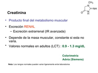Creatinina
• Producto final del metabolismo muscular
• Excreción RENAL
   – Excreción extrarrenal (IR avanzada)
• Depende de la masa muscular, constante si esta no
  varia.
• Valores normales en adultos (LCT) : 0.9 - 1.3 mg/dL


                                                               Colorimetría
                                                               Advia (Siemens)
  Nota: Los rangos normales pueden variar ligeramente entre laboratorios
 