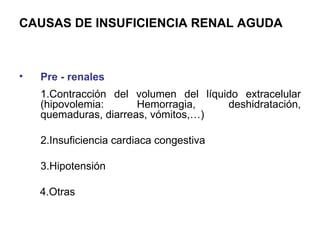 CAUSAS DE INSUFICIENCIA RENAL AGUDA



•   Pre - renales
    1.Contracción del volumen del líquido extracelular
    (hipovolemia:      Hemorragia,     deshidratación,
    quemaduras, diarreas, vómitos,…)

    2.Insuficiencia cardiaca congestiva

    3.Hipotensión

    4.Otras
 
