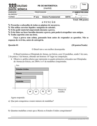 UNIDADE:_________________ PROFESSOR: _________________________ 3º BIMESTRE/2008 
ALUNO(A): _______________________________________________________ Nº __________ 
TURMA: ________________ 4º ano Ensino Fundamental DATA: ____/_____/_____ 
Total: 100 pontos 
A T E N Ç Ã O 
 Preencha o cabeçalho de todas as páginas de sua prova. 
 Não utilize corretor líquido e máquina de calcular. 
 Evite pedir material emprestado durante a prova. 
 Evite falar ou fazer barulho durante a prova, pois poderá atrapalhar seus amigos. 
 Tenha capricho com sua letra. 
Faça a prova com calma, pensando bem antes de responder as questões. Não se 
esqueça de revê-las, antes de entregá-la. 
prova.pb.matematica.4ano.manha.3bim-CH-MS 
PB DE MATEMÁTICA 
(manhã) 
1/5 
Nota 
Questão 01 (20 pontos/5cada) 
O Brasil tem o seu melhor desempenho 
O Brasil terminou a Olimpíada de Atenas, na Grécia, com 10 medalhas, sendo 5 de ouro, 
2 de prata e 3 de bronze, obtendo um honroso 16º lugar na competição. 
 Observe o gráfico abaixo que representa os quatro primeiros colocados nas Olimpíadas 
de Atenas,na Grécia, em 2004 e o nº de medalhas conquistadas. 
País 
Estados Unidos 
Rússia 
China 
Austrália 
Número de 
49 63 92 103 medalhas 
Agora responda: 
a) Que país conquistou o maior número de medalhas? 
_________________________________________________________________________ 
b) Quantas medalhas a mais que a Rússia os Estados Unidos conquistaram? 
_________________________________________________________________________ 
 