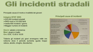 Principale causa di morte e invalidità dei giovani
Indagine ISTAT 2005:
225.000 incidenti stradali
5400 morti e 310.000 feriti
media 600 incidenti / giorno
Maggior numero di incidenti:
Giorni: sabato e domenica
Mesi: giugno e luglio
Ore: 8.00, 13.00 e 18.00
Tuttavia gli incidenti più gravi avvengono nelle ore
notturne dove il pericolo aumenta (guida troppo
veloce, alcolici, droghe, discoteche).
Principali cause di incidenti
 