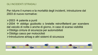 Per ridurre il numero e la mortalità degli incidenti, introduzione dal
2003 di nuove normative:
2003  patente a punti
2004  obbligo giubbotto o bretelle retroriflettenti per scendere
dal veicolo di notte o anche di giorno, in caso di scarsa visibilità
Obbligo cinture di sicurezza per automobilisti
Obbligo casco per motociclisti
Introduzione airbag e altri sistemi di sicurezza
GLI INCIDENTI STRADALI
 