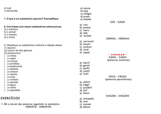 b) rival
c) democrata
7. O que é um substantivo epiceno? Exemplifique.
8. Crie frases com esses substantivos sobrecomuns.
a) o indivíduo
b) o animal
c) o monstro
d) a vítima
9. Classifique os substantivos conforme a relação abaixo.
(1) epiceno
(2) comum de dois gêneros
(3) sobrecomum
( ) a vítima
( ) o sabiá
( ) a criança
( ) o jornalista
( ) a testemunha
( ) o dentista
( ) a criatura
( ) o doente
( ) a onça
( ) o monstro
( ) o pianista
( ) a águia
( ) a cobra
( ) o esportista
EXERCÍCIOS
1. Dê o plural das palavras seguindo os exemplos:
SORVETE - SORVETES
a) canoa
b) loja
c) relógio
d) praia
e) maleta
GÁS - GASES
a) voz
b) pomar
c) nariz
d) mês
e) mulher
JORNAL - JORNAIS
a) carrossel
b) lençol
c) caracol
d) sinal
e) papel
* ATENÇÃO *
CANIL - CANIS
(palavras oxítonas)
a) barril
b) gentil
c) perfil
d) cantil
e) fuzil
FÁCIL - FÁCEIS
(palavras paroxítonas)
a) difícil
b) frágil
c) projétil
d) útil
e) fóssil
VIAGEM - VIAGENS
a) armazém
b) som
c) nuvem
d) álbum
 
