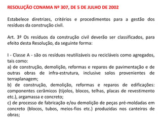 RESOLUÇÃO CONAMA Nº 307, DE 5 DE JULHO DE 2002

Estabelece diretrizes, critérios e procedimentos para a gestão dos
resíduos da construção civil.
Art. 3º Os resíduos da construção civil deverão ser classificados, para
efeito desta Resolução, da seguinte forma:
I - Classe A - são os resíduos reutilizáveis ou recicláveis como agregados,
tais como:
a) de construção, demolição, reformas e reparos de pavimentação e de
outras obras de infra-estrutura, inclusive solos provenientes de
terraplanagem;
b) de construção, demolição, reformas e reparos de edificações:
componentes cerâmicos (tijolos, blocos, telhas, placas de revestimento
etc.), argamassa e concreto;
c) de processo de fabricação e/ou demolição de peças pré-moldadas em
concreto (blocos, tubos, meios-fios etc.) produzidas nos canteiros de
obras;

 