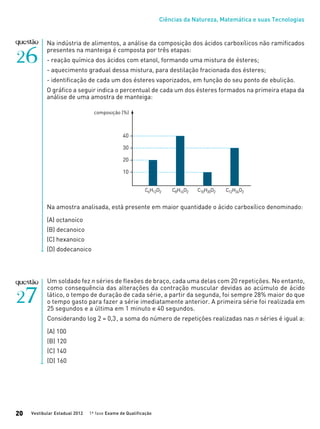 Ciências da Natureza, Matemática e suas Tecnologias
Vestibular Estadual 2012 1ª fase Exame de Qualificação20
Na indústria de alimentos, a análise da composição dos ácidos carboxílicos não ramificados
presentes na manteiga é composta por três etapas:
- reação química dos ácidos com etanol, formando uma mistura de ésteres;
- aquecimento gradual dessa mistura, para destilação fracionada dos ésteres;
- identificação de cada um dos ésteres vaporizados, em função do seu ponto de ebulição.
O gráfico a seguir indica o percentual de cada um dos ésteres formados na primeira etapa da
análise de uma amostra de manteiga:
Na amostra analisada, está presente em maior quantidade o ácido carboxílico denominado:
(A) octanoico
(B) decanoico
(C) hexanoico
(D) dodecanoico
Um soldado fez n séries de flexões de braço, cada uma delas com 20 repetições. No entanto,
como consequência das alterações da contração muscular devidas ao acúmulo de ácido
lático, o tempo de duração de cada série, a partir da segunda, foi sempre 28% maior do que
o tempo gasto para fazer a série imediatamente anterior. A primeira série foi realizada em
25 segundos e a última em 1 minuto e 40 segundos.
Considerando log 2 = 0,3, a soma do número de repetições realizadas nas n séries é igual a:
(A) 100
(B) 120
(C) 140
(D) 160
 