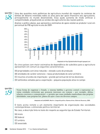 Ciências Humanas e suas Tecnologias
Vestibular Estadual 2012 1ª fase Exame de Qualificação38
O texto acima remete a um elemento importante da organização das sociedades
contemporâneas: a dimensão político-territorial.
No caso, a descrição feita no texto diz respeito ao seguinte tipo de Estado Territorial:
(A) misto
(B) federal
(C) unitário
(D) associado
Nessa forma de organizar o Estado, o sistema habilita o governo central a representar as
várias entidades territoriais que possuem interesses em comum – por exemplo, defesa,
relações exteriores e comunicações – e permite que essas entidades mantenham suas próprias
identidades, suas próprias leis, planos de ação e usos em diversos campos.
Adaptado de GLASSNER, Martin I. Geografía política. Buenos Aires: Editorial Docencia, 2000.
Uma das questões mais polêmicas da agricultura mundial diz respeito às centenas de
bilhões de dólares investidas todos os anos para dar apoio financeiro aos agricultores,
principalmente no mundo desenvolvido. Essa ajuda aumenta de modo artificial a
competitividade, prejudicando as vendas dos agricultores das nações pobres.
Analise o gráfico abaixo, que apresenta a estimativa de apoio estatal ao produtor rural em
percentual do PIB agrícola no ano de 2009:
Os cinco países com maior estimativa de dependência de subsídios para a agricultura
apresentam em comum as seguintes características:
(A) propriedades com área reduzida – elevado custo de produção
(B) atividades de caráter extensivo – baixa produtividade do setor primário
(C) insumos oriundos da importação – grande percentual de terras devolutas
(D) latifúndios voltados para a exportação – pequena população ativa no campo
Adaptado de http://globalfoodforthought.typepad.com
 