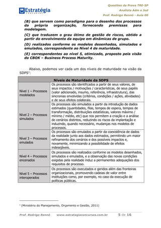 Questões da Prova TRE-SP
Analista Adm e Jud
Prof. Rodrigo Rennó - Aula 00
Prof. Rodrigo Rennó www.estrategiaconcursos.com.br 5 de 16
(B) que servem como paradigma para o desenho dos processos
da própria organização, fornecendo premissas para
modelagem.
(C) que traduzem o grau ótimo de gestão de riscos, obtido a
partir do envolvimento da equipe em dinâmicas de grupo.
(D) realizados conforme os modelos desenhados, simulados e
emulados, correspondente ao Nível 4 de maturidade.
(E) correspondentes ao nível 5, otimizado, proposto pela visão
do CBOK – Business Process Maturity.
Abaixo, podemos ver cada um dos níveis de maturidade na visão da
SDPS4
:
Níveis de Maturidade da SDPS
Nível 1 – Processos
modelados
Os processos são identificados a partir de seus valores, de
seus impactos / motivações / características, de seus papéis
(valor adicionado, insumo, referência, infraestrutura), das
sincronias envolvidas (critérios, condições / ações, atividades)
e de seus efeitos colaterais.
Nível 2 – Processos
simulados
Os processos são simulados a partir da introdução de dados
estimados (quantidades, filas, tempos de espera, tempos de
transformação, distribuições estatísticas, valores máximo /
mínimo / médio, etc) que nos permitem a criação e a análise
de cenários distintos, reduzindo os riscos da implantação e
induzindo, quando necessário, mudanças nos modelos de
processos.
Nível 3 – Processos
emulados
Os processos são emulados a partir da coexistência de dados
da realidade junto aos dados estimados, permitindo um maior
refinamento dos cenários e dos possíveis impactos e,
novamente, minimizando a possibilidade de efeitos
indesejáveis.
Nível 4 – Processos
encenados
Os processos são realizados conforme os modelos desenhados,
simulados e emulados, e a observação das novas condições
exigidas pela realidade induz a permanentes adequações dos
requisitos de processo.
Nível 5 – Processos
interoperados
Os processos são executados e geridos além das fronteiras
organizacionais, promovendo cadeias de valor entre
instituições como, por exemplo, no caso da execução de
políticas públicas.
4
(Ministério do Planejamento, Orçamento e Gestão, 2011)
 