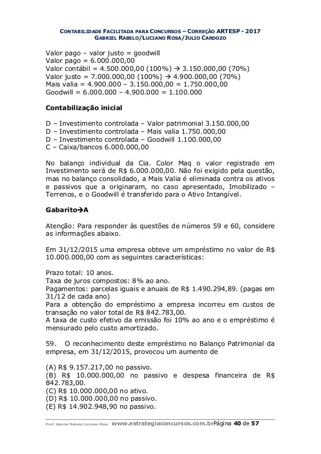 Prova de Contabilidade Concurso ARTESP 2017