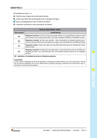 – sImULAdo PRovA bRAsIL – LEITURA – Pág. 3
SImulAdO PARA mONITORAmENTO dA APRENdIzAGEm PROvA BRASIl
Leia os textos para responder às questões 1 a 5.
Texto 1
O BANhO dE NINA
(De Ana Cristina Melo, com ilustrações de Cris Alhadeff. Editora Escrita Fina)
Ao saber que a água do mundo poderia acabar, Nina ficou preocupada e começou a matutar
soluções pra esse problema. suspender a escovação de dentes? Pedir para o papai não lavar o
carro? deixar de usar a descarga? Conheça as ideias dessa menina disposta a impedir uma seca
generalizada.
Disponível em: <http://chc.cienciahoje.uol.com.br/e-dia-da-agua/>. Acesso em: 6 fev. 2015. (Adaptado).
Texto 2
A ÁGuA
o consumo mundial de água triplicou em 1950. mas as reservas de água do nosso planeta não
acompanharam o aumento do consumo, continuando, assim, nos mesmos níveis.
o que chama atenção, também, é que nas últimas décadas o consumo médio de água tem se
ampliado cerca de 50%.
Usando uma torneira aberta durante 5 minutos, para escovar os dentes ou fazer a barba, se gasta
em média 12 litros de água. Algumas maneiras de economizar até 2 litros de água são: escovar os
dentes utilizando um copo de água, fazer a barba colocando um tampão na pia.
Uma torneira que fique gotejando um dia inteiro gasta cerca de 45 litros de água. outra atitude
que desperdiça muita água é um banho demorado.
Uma descarga chega a gastar 19 litros de água. Por isso recomenda-se que sejam trocadas as
válvulas de descarga antigas por válvulas novas que têm duas opções de descarga, e para quem
não pode trocar a descarga devem-se evitar descargas desnecessárias e prolongadas.
devemos ter consciência de que a água é um bem essencial para a vida de todos, pois nós po-
demos passar até 28 dias sem comer, mas apenas três dias sem água.
Disponível em: <http://www.acessaber.com.br/atividades/interpretacao-de-texto-agua-4o-ou-5o-ano>.
Acesso em: 5 fev. 2015. (Adaptado).
VOLUME 1
– sImULAdo PRovA bRAsIL – LEITURA – Pág. 3
SImulAdO PARA mONITORAmENTO dA APRENdIzAGEm PROvA BRASIl
Leia os textos para responder às questões 1 a 5.
Texto 1
O BANhO dE NINA
(De Ana Cristina Melo, com ilustrações de Cris Alhadeff. Editora Escrita Fina)
Ao saber que a água do mundo poderia acabar, Nina ficou preocupada e começou a matutar
soluções pra esse problema. suspender a escovação de dentes? Pedir para o papai não lavar o
carro? deixar de usar a descarga? Conheça as ideias dessa menina disposta a impedir uma seca
generalizada.
Disponível em: <http://chc.cienciahoje.uol.com.br/e-dia-da-agua/>. Acesso em: 6 fev. 2015. (Adaptado).
Texto 2
A ÁGuA
o consumo mundial de água triplicou em 1950. mas as reservas de água do nosso planeta não
acompanharam o aumento do consumo, continuando, assim, nos mesmos níveis.
o que chama atenção, também, é que nas últimas décadas o consumo médio de água tem se
ampliado cerca de 50%.
Usando uma torneira aberta durante 5 minutos, para escovar os dentes ou fazer a barba, se gasta
em média 12 litros de água. Algumas maneiras de economizar até 2 litros de água são: escovar os
dentes utilizando um copo de água, fazer a barba colocando um tampão na pia.
Uma torneira que fique gotejando um dia inteiro gasta cerca de 45 litros de água. outra atitude
que desperdiça muita água é um banho demorado.
Uma descarga chega a gastar 19 litros de água. Por isso recomenda-se que sejam trocadas as
válvulas de descarga antigas por válvulas novas que têm duas opções de descarga, e para quem
não pode trocar a descarga devem-se evitar descargas desnecessárias e prolongadas.
devemos ter consciência de que a água é um bem essencial para a vida de todos, pois nós po-
demos passar até 28 dias sem comer, mas apenas três dias sem água.
Disponível em: <http://www.acessaber.com.br/atividades/interpretacao-de-texto-agua-4o-ou-5o-ano>.
Acesso em: 5 fev. 2015. (Adaptado).
VOLUME 1
– sImULAdo PRovA bRAsIL – LEITURA – Pág. 5
QuESTÃO 2
A finalidade do texto 1 é:
A) informar que a água do mundo pode acabar.
B) contar que Nina ficou preocupada com a situação da água.
C) fazer a propaganda do livro “o banho de Nina”.
d) incentivar os leitores a não escovarem os dentes.
Nível de dificuldade: médio
Alternativas Justificativas
(A)
Resposta incorreta: o aluno que fez essa opção atentou-se, possivelmente, apenas à frase
que menciona que a água pode acabar, mas não conseguiu identificar a finalidade do texto.
(B)
Resposta incorreta: Ao fazer essa escolha, o aluno demonstrou ter atentado apenas para a
frase que diz que Nina ficou preocupada com a água, mas não identificou a finalidade do texto.
(C)
Resposta correta: o aluno que optou por essa alternativa demonstrou ter identificado a finali-
dade do texto.
(d)
Resposta incorreta: Ao selecionar essa alternativa, o aluno demonstrou não ter identificado a
finalidade do texto e ter, possivelmente, feito sua escolha baseado apenas numa indagação
de Nina.
d9 – Identificar a finalidade de textos de diferentes gêneros.
Comentário
o item avalia a habilidade do aluno de identificar a finalidade de textos diversos. No caso desse texto, trata-se
de um anúncio publicitário de um livro infantil sobre a escassez da água e maneiras de economizá-la. Isso é
reforçado no enunciado da questão 1.
VOLUME 1
 