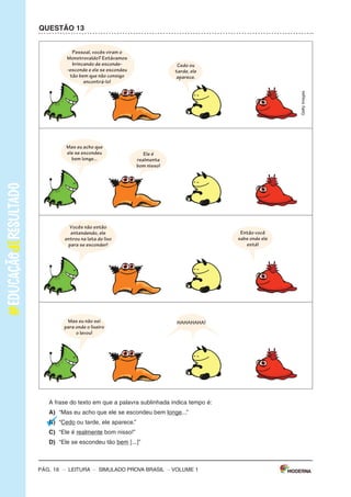 –sImULAdoPRovAbRAsIL–LEITURA–Pág.3
SImulAdOPARAmONITORAmENTOdAAPRENdIzAGEmPROvABRASIl
Leiaostextospararesponderàsquestões1a5.
Texto1
OBANhOdENINA
(DeAnaCristinaMelo,comilustraçõesdeCrisAlhadeff.EditoraEscritaFina)
Aosaberqueaáguadomundopoderiaacabar,Ninaficoupreocupadaecomeçouamatutar
soluçõespraesseproblema.suspenderaescovaçãodedentes?Pedirparaopapainãolavaro
carro?deixardeusaradescarga?Conheçaasideiasdessameninadispostaaimpedirumaseca
generalizada.
Disponívelem:<http://chc.cienciahoje.uol.com.br/e-dia-da-agua/>.Acessoem:6fev.2015.(Adaptado).
Texto2
AÁGuA
oconsumomundialdeáguatriplicouem1950.masasreservasdeáguadonossoplanetanão
acompanharamoaumentodoconsumo,continuando,assim,nosmesmosníveis.
oquechamaatenção,também,équenasúltimasdécadasoconsumomédiodeáguatemse
ampliadocercade50%.
Usandoumatorneiraabertadurante5minutos,paraescovarosdentesoufazerabarba,segasta
emmédia12litrosdeágua.Algumasmaneirasdeeconomizaraté2litrosdeáguasão:escovaros
dentesutilizandoumcopodeágua,fazerabarbacolocandoumtampãonapia.
Umatorneiraquefiquegotejandoumdiainteirogastacercade45litrosdeágua.outraatitude
quedesperdiçamuitaáguaéumbanhodemorado.
Umadescargachegaagastar19litrosdeágua.Porissorecomenda-sequesejamtrocadasas
válvulasdedescargaantigasporválvulasnovasquetêmduasopçõesdedescarga,eparaquem
nãopodetrocaradescargadevem-seevitardescargasdesnecessáriaseprolongadas.
devemosterconsciênciadequeaáguaéumbemessencialparaavidadetodos,poisnóspo-
demospassaraté28diassemcomer,masapenastrêsdiassemágua.
Disponívelem:<http://www.acessaber.com.br/atividades/interpretacao-de-texto-agua-4o-ou-5o-ano>.
Acessoem:5fev.2015.(Adaptado).
VOLUME1
Pág. 2 – LEITURA – sImULAdo PRovA bRAsIL – VOLUME 1
Caro(a) professor(a),
A Editora moderna, em parceria com a Avalia Educacional, desenvolveu este si-
mulado para monitoramento da Aprendizagem: Prova brasil, com a finalidade de
auxiliar professores e gestores a monitorarem os processos de desenvolvimento da
aprendizagem no final dos anos iniciais do Ensino Fundamental.
o objetivo deste material é contribuir com o aperfeiçoamento do planejamento e
com a execução das práticas pedagógicas a partir do diagnóstico do nível de alfa-
betização dos alunos e oferecer subsídios para a formulação de novas estratégias
para a melhoria do ensino.
o caderno que cada aluno receberá é composto de:
30 questões de múltipla escolha, com quatro alternativas cada uma;
1 folha de resposta.
ORIENTAÇÕES GERAIS
motive os alunos a fazerem o simulado. Explique que eles vão fazer uma atividade
diferente e que, para compreendê-la, é necessário que sigam atentamente todas as
suas orientações. Em seguida, distribua os cadernos e peça aos alunos que escre-
vam o nome na linha que consta na capa do caderno.
Os alunos receberam as seguintes instruções:
Leia com atenção antes de responder e marque suas respostas neste caderno.
Cada questão tem uma única resposta correta. Faça um X na opção que você
escolher como certa.
Use lápis preto para marcar as respostas. se você quiser alterar a resposta,
pode apagar e marcar novamente.
Procure não deixar questão sem resposta.
marque as alternativas escolhidas na Folha de Respostas ao terminar o simu-
lado.
Pág. 16 – LEITURA – sImULAdo PRovA bRAsIL
QuESTÃO 13
A frase do texto em que a palavra sublinhada indica tempo é:
A) “mas eu acho que ele se escondeu bem longe...”
B) “Cedo ou tarde, ele aparece.”
C) “Ele é realmente bom nisso!”
d) “Ele se escondeu tão bem [...]”
Ele é
realmente
bom nisso!
Então você
sabe onde ele
está!
Vocês não estão
entendendo, ele
entrou na lata do lixo
para se esconder!
Mas eu não sei
para onde o lixeiro
o levou!
Mas eu acho que
ele se escondeu
bem longe...
Cedo ou
tarde, ele
aparece.
Pessoal, vocês viram o
Monstrovaldo? Estávamos
brincando de esconde-
-esconde e ele se escondeu
tão bem que não consigo
encontr -lo!
HAHAHAHA!
gettyImages
á
– VOLUME 1
 