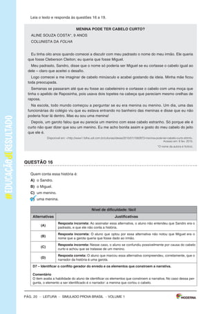 –sImULAdoPRovAbRAsIL–LEITURA–Pág.3
SImulAdOPARAmONITORAmENTOdAAPRENdIzAGEmPROvABRASIl
Leiaostextospararesponderàsquestões1a5.
Texto1
OBANhOdENINA
(DeAnaCristinaMelo,comilustraçõesdeCrisAlhadeff.EditoraEscritaFina)
Aosaberqueaáguadomundopoderiaacabar,Ninaficoupreocupadaecomeçouamatutar
soluçõespraesseproblema.suspenderaescovaçãodedentes?Pedirparaopapainãolavaro
carro?deixardeusaradescarga?Conheçaasideiasdessameninadispostaaimpedirumaseca
generalizada.
Disponívelem:<http://chc.cienciahoje.uol.com.br/e-dia-da-agua/>.Acessoem:6fev.2015.(Adaptado).
Texto2
AÁGuA
oconsumomundialdeáguatriplicouem1950.masasreservasdeáguadonossoplanetanão
acompanharamoaumentodoconsumo,continuando,assim,nosmesmosníveis.
oquechamaatenção,também,équenasúltimasdécadasoconsumomédiodeáguatemse
ampliadocercade50%.
Usandoumatorneiraabertadurante5minutos,paraescovarosdentesoufazerabarba,segasta
emmédia12litrosdeágua.Algumasmaneirasdeeconomizaraté2litrosdeáguasão:escovaros
dentesutilizandoumcopodeágua,fazerabarbacolocandoumtampãonapia.
Umatorneiraquefiquegotejandoumdiainteirogastacercade45litrosdeágua.outraatitude
quedesperdiçamuitaáguaéumbanhodemorado.
Umadescargachegaagastar19litrosdeágua.Porissorecomenda-sequesejamtrocadasas
válvulasdedescargaantigasporválvulasnovasquetêmduasopçõesdedescarga,eparaquem
nãopodetrocaradescargadevem-seevitardescargasdesnecessáriaseprolongadas.
devemosterconsciênciadequeaáguaéumbemessencialparaavidadetodos,poisnóspo-
demospassaraté28diassemcomer,masapenastrêsdiassemágua.
Disponívelem:<http://www.acessaber.com.br/atividades/interpretacao-de-texto-agua-4o-ou-5o-ano>.
Acessoem:5fev.2015.(Adaptado).
VOLUME1
Pág. 2 – LEITURA – sImULAdo PRovA bRAsIL – VOLUME 1
Caro(a) professor(a),
A Editora moderna, em parceria com a Avalia Educacional, desenvolveu este si-
mulado para monitoramento da Aprendizagem: Prova brasil, com a finalidade de
auxiliar professores e gestores a monitorarem os processos de desenvolvimento da
aprendizagem no final dos anos iniciais do Ensino Fundamental.
o objetivo deste material é contribuir com o aperfeiçoamento do planejamento e
com a execução das práticas pedagógicas a partir do diagnóstico do nível de alfa-
betização dos alunos e oferecer subsídios para a formulação de novas estratégias
para a melhoria do ensino.
o caderno que cada aluno receberá é composto de:
30 questões de múltipla escolha, com quatro alternativas cada uma;
1 folha de resposta.
ORIENTAÇÕES GERAIS
motive os alunos a fazerem o simulado. Explique que eles vão fazer uma atividade
diferente e que, para compreendê-la, é necessário que sigam atentamente todas as
suas orientações. Em seguida, distribua os cadernos e peça aos alunos que escre-
vam o nome na linha que consta na capa do caderno.
Os alunos receberam as seguintes instruções:
Leia com atenção antes de responder e marque suas respostas neste caderno.
Cada questão tem uma única resposta correta. Faça um X na opção que você
escolher como certa.
Use lápis preto para marcar as respostas. se você quiser alterar a resposta,
pode apagar e marcar novamente.
Procure não deixar questão sem resposta.
marque as alternativas escolhidas na Folha de Respostas ao terminar o simu-
lado.
Pág. 20 – LEITURA – sImULAdo PRovA bRAsIL
Leia o texto e responda às questões 16 a 19.
mENINA POdE TER CABElO CuRTO?
ALINE soUZA CosTA*, 9 ANos
CoLUNIsTA dA
Eu tinha oito anos quando comecei a discutir com meu padrasto o nome do meu irmão. Ele queria
que fosse Cleberson Cleiton; eu queria que fosse miguel.
meu padrasto, sandro, disse que o nome só poderia ser miguel se eu cortasse o cabelo igual ao
dele – claro que aceitei o desafio.
Logo comecei a me imaginar de cabelo minúsculo e acabei gostando da ideia. minha mãe ficou
toda preocupada.
semanas se passaram até que eu fosse ao cabeleireiro e cortasse o cabelo com uma moça que
tinha o apelido de Raposinha, pois usava dois topetes na cabeça que pareciam mesmo orelhas de
raposa.
Na escola, todo mundo começou a perguntar se eu era menina ou menino. Um dia, uma das
funcionárias do colégio viu que eu estava entrando no banheiro das meninas e disse que eu não
poderia ficar lá dentro. mas eu sou uma menina!
depois, um garoto falou que eu parecia um menino com esse cabelo estranho. só porque ele é
curto não quer dizer que sou um menino. Eu me acho bonita assim e gosto do meu cabelo do jeito
que ele é. 
Disponível em: <http://www1.folha.uol.com.br/colunas/ideias/2015/01/1582872-menina-pode-ter-cabelo-curto.shtml>.
Acesso em: 6 fev. 2015.
*O nome da autora é fictício.
QuESTÃO 16
Quem conta essa história é:
A) o sandro.
B) o miguel.
C) um menino.
d) uma menina.
Nível de dificuldade: fácil
Alternativas Justificativas
(A)
Resposta incorreta: Ao assinalar essa alternativa, o aluno não entendeu que sandro era o
padrasto, e que ele não conta a história.
(B)
Resposta incorreta: o aluno que optou por essa alternativa não notou que miguel era o
nome que a garota queria que fosse dado ao irmão.
(C)
Resposta incorreta: Nesse caso, o aluno se confundiu possivelmente por causa do cabelo
curto e achou que se tratasse de um menino.
(d)
Resposta correta: o aluno que marcou essa alternativa compreendeu, corretamente, que o
narrador da história é uma garota.
d7 – Identificar o conflito gerador do enredo e os elementos que constroem a narrativa.
Comentário
o item avalia a habilidade do aluno de identificar os elementos que constroem a narrativa. No caso dessa per-
gunta, o elemento a ser identificado é o narrador: a menina que cortou o cabelo.
FOLHA
– VOLUME 1
 
