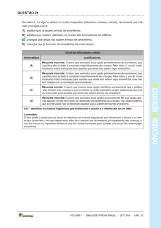 – sImULAdo PRovA bRAsIL – LEITURA – Pág. 3
SImulAdO PARA mONITORAmENTO dA APRENdIzAGEm PROvA BRASIl
Leia os textos para responder às questões 1 a 5.
Texto 1
O BANhO dE NINA
(De Ana Cristina Melo, com ilustrações de Cris Alhadeff. Editora Escrita Fina)
Ao saber que a água do mundo poderia acabar, Nina ficou preocupada e começou a matutar
soluções pra esse problema. suspender a escovação de dentes? Pedir para o papai não lavar o
carro? deixar de usar a descarga? Conheça as ideias dessa menina disposta a impedir uma seca
generalizada.
Disponível em: <http://chc.cienciahoje.uol.com.br/e-dia-da-agua/>. Acesso em: 6 fev. 2015. (Adaptado).
Texto 2
A ÁGuA
o consumo mundial de água triplicou em 1950. mas as reservas de água do nosso planeta não
acompanharam o aumento do consumo, continuando, assim, nos mesmos níveis.
o que chama atenção, também, é que nas últimas décadas o consumo médio de água tem se
ampliado cerca de 50%.
Usando uma torneira aberta durante 5 minutos, para escovar os dentes ou fazer a barba, se gasta
em média 12 litros de água. Algumas maneiras de economizar até 2 litros de água são: escovar os
dentes utilizando um copo de água, fazer a barba colocando um tampão na pia.
Uma torneira que fique gotejando um dia inteiro gasta cerca de 45 litros de água. outra atitude
que desperdiça muita água é um banho demorado.
Uma descarga chega a gastar 19 litros de água. Por isso recomenda-se que sejam trocadas as
válvulas de descarga antigas por válvulas novas que têm duas opções de descarga, e para quem
não pode trocar a descarga devem-se evitar descargas desnecessárias e prolongadas.
devemos ter consciência de que a água é um bem essencial para a vida de todos, pois nós po-
demos passar até 28 dias sem comer, mas apenas três dias sem água.
Disponível em: <http://www.acessaber.com.br/atividades/interpretacao-de-texto-agua-4o-ou-5o-ano>.
Acesso em: 5 fev. 2015. (Adaptado).
VOLUME 1
– sImULAdo PRovA bRAsIL – LEITURA – Pág. 3
SImulAdO PARA mONITORAmENTO dA APRENdIzAGEm PROvA BRASIl
Leia os textos para responder às questões 1 a 5.
Texto 1
O BANhO dE NINA
(De Ana Cristina Melo, com ilustrações de Cris Alhadeff. Editora Escrita Fina)
Ao saber que a água do mundo poderia acabar, Nina ficou preocupada e começou a matutar
soluções pra esse problema. suspender a escovação de dentes? Pedir para o papai não lavar o
carro? deixar de usar a descarga? Conheça as ideias dessa menina disposta a impedir uma seca
generalizada.
Disponível em: <http://chc.cienciahoje.uol.com.br/e-dia-da-agua/>. Acesso em: 6 fev. 2015. (Adaptado).
Texto 2
A ÁGuA
o consumo mundial de água triplicou em 1950. mas as reservas de água do nosso planeta não
acompanharam o aumento do consumo, continuando, assim, nos mesmos níveis.
o que chama atenção, também, é que nas últimas décadas o consumo médio de água tem se
ampliado cerca de 50%.
Usando uma torneira aberta durante 5 minutos, para escovar os dentes ou fazer a barba, se gasta
em média 12 litros de água. Algumas maneiras de economizar até 2 litros de água são: escovar os
dentes utilizando um copo de água, fazer a barba colocando um tampão na pia.
Uma torneira que fique gotejando um dia inteiro gasta cerca de 45 litros de água. outra atitude
que desperdiça muita água é um banho demorado.
Uma descarga chega a gastar 19 litros de água. Por isso recomenda-se que sejam trocadas as
válvulas de descarga antigas por válvulas novas que têm duas opções de descarga, e para quem
não pode trocar a descarga devem-se evitar descargas desnecessárias e prolongadas.
devemos ter consciência de que a água é um bem essencial para a vida de todos, pois nós po-
demos passar até 28 dias sem comer, mas apenas três dias sem água.
Disponível em: <http://www.acessaber.com.br/atividades/interpretacao-de-texto-agua-4o-ou-5o-ano>.
Acesso em: 5 fev. 2015. (Adaptado).
VOLUME 1
– sImULAdo PRovA bRAsIL – LEITURA – Pág. 27
QuESTÃO 21
No texto 2, há alguns verbos no modo imperativo (desenhe, comece, retorne, recomece) que indi-
cam instruções para:
A) adultos que já sabem brincar de amarelinha.
B) adultos que querem relembrar os nomes das brincadeiras de infância.
C) crianças que ainda não sabem brincar de amarelinha.
d) crianças que já brincam de amarelinha há muito tempo.
Nível de dificuldade: médio
Alternativas Justificativas
(A)
Resposta incorreta: o aluno que assinalou essa opção provavelmente não considerou que
o público-alvo do texto é composto majoritariamente de crianças. Além disso, o uso do modo
imperativo indica instruções para aqueles que ainda não sabem jogar amarelinha.
(B)
Resposta incorreta: o aluno que assinalou essa opção provavelmente não considerou que
o público-alvo do texto é composto majoritariamente de crianças. Além disso, o uso do modo
imperativo indica instruções para aqueles que ainda não sabem jogar amarelinha, mas não
tem relação com a nomeação de brincadeiras.
(C)
Resposta correta: o aluno que marcou essa opção identificou corretamente que o público-
-alvo do texto são crianças e que os verbos no modo imperativo servem justamente para indi-
car instruções para aquelas que ainda não sabem brincar de amarelinha.
(d)
Resposta incorreta: o aluno que assinalou essa opção provavelmente fez sua opção ape-
nas apoiado no fato de o texto ser destinado principalmente às crianças, mas desconsiderou
que as instruções não se destinam àquelas que já sabem brincar de amarelinha.
d10 – Identificar as marcas linguísticas que evidenciam o locutor e o interlocutor de um texto.
Comentário
o item avalia a habilidade do aluno de identificar as marcas linguísticas que evidenciam o locutor e o inter-
locutor de um texto. No caso desse texto, além de o assunto ser de interesse, principalmente, das crianças, o
uso dos verbos no imperativo evidencia que são dadas instruções para aquelas que ainda não sabem jogar
amarelinha.
VOLUME 1
 
