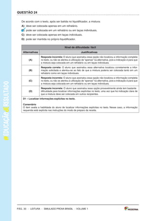–sImULAdoPRovAbRAsIL–LEITURA–Pág.3
SImulAdOPARAmONITORAmENTOdAAPRENdIzAGEmPROvABRASIl
Leiaostextospararesponderàsquestões1a5.
Texto1
OBANhOdENINA
(DeAnaCristinaMelo,comilustraçõesdeCrisAlhadeff.EditoraEscritaFina)
Aosaberqueaáguadomundopoderiaacabar,Ninaficoupreocupadaecomeçouamatutar
soluçõespraesseproblema.suspenderaescovaçãodedentes?Pedirparaopapainãolavaro
carro?deixardeusaradescarga?Conheçaasideiasdessameninadispostaaimpedirumaseca
generalizada.
Disponívelem:<http://chc.cienciahoje.uol.com.br/e-dia-da-agua/>.Acessoem:6fev.2015.(Adaptado).
Texto2
AÁGuA
oconsumomundialdeáguatriplicouem1950.masasreservasdeáguadonossoplanetanão
acompanharamoaumentodoconsumo,continuando,assim,nosmesmosníveis.
oquechamaatenção,também,équenasúltimasdécadasoconsumomédiodeáguatemse
ampliadocercade50%.
Usandoumatorneiraabertadurante5minutos,paraescovarosdentesoufazerabarba,segasta
emmédia12litrosdeágua.Algumasmaneirasdeeconomizaraté2litrosdeáguasão:escovaros
dentesutilizandoumcopodeágua,fazerabarbacolocandoumtampãonapia.
Umatorneiraquefiquegotejandoumdiainteirogastacercade45litrosdeágua.outraatitude
quedesperdiçamuitaáguaéumbanhodemorado.
Umadescargachegaagastar19litrosdeágua.Porissorecomenda-sequesejamtrocadasas
válvulasdedescargaantigasporválvulasnovasquetêmduasopçõesdedescarga,eparaquem
nãopodetrocaradescargadevem-seevitardescargasdesnecessáriaseprolongadas.
devemosterconsciênciadequeaáguaéumbemessencialparaavidadetodos,poisnóspo-
demospassaraté28diassemcomer,masapenastrêsdiassemágua.
Disponívelem:<http://www.acessaber.com.br/atividades/interpretacao-de-texto-agua-4o-ou-5o-ano>.
Acessoem:5fev.2015.(Adaptado).
VOLUME1
Pág. 2 – LEITURA – sImULAdo PRovA bRAsIL – VOLUME 1
Caro(a) professor(a),
A Editora moderna, em parceria com a Avalia Educacional, desenvolveu este si-
mulado para monitoramento da Aprendizagem: Prova brasil, com a finalidade de
auxiliar professores e gestores a monitorarem os processos de desenvolvimento da
aprendizagem no final dos anos iniciais do Ensino Fundamental.
o objetivo deste material é contribuir com o aperfeiçoamento do planejamento e
com a execução das práticas pedagógicas a partir do diagnóstico do nível de alfa-
betização dos alunos e oferecer subsídios para a formulação de novas estratégias
para a melhoria do ensino.
o caderno que cada aluno receberá é composto de:
30 questões de múltipla escolha, com quatro alternativas cada uma;
1 folha de resposta.
ORIENTAÇÕES GERAIS
motive os alunos a fazerem o simulado. Explique que eles vão fazer uma atividade
diferente e que, para compreendê-la, é necessário que sigam atentamente todas as
suas orientações. Em seguida, distribua os cadernos e peça aos alunos que escre-
vam o nome na linha que consta na capa do caderno.
Os alunos receberam as seguintes instruções:
Leia com atenção antes de responder e marque suas respostas neste caderno.
Cada questão tem uma única resposta correta. Faça um X na opção que você
escolher como certa.
Use lápis preto para marcar as respostas. se você quiser alterar a resposta,
pode apagar e marcar novamente.
Procure não deixar questão sem resposta.
marque as alternativas escolhidas na Folha de Respostas ao terminar o simu-
lado.
Pág. 30 – LEITURA – sImULAdo PRovA bRAsIL
QuESTÃO 24
de acordo com o texto, após ser batida no liquidificador, a mistura:
A) deve ser colocada apenas em um refratário.
B) pode ser colocada em um refratário ou em taças individuais.
C) deve ser colocada apenas em taças individuais.
d) pode ser mantida no próprio liquidificador.
Nível de dificuldade: fácil
Alternativas Justificativas
(A)
Resposta incorreta: o aluno que assinalou essa opção não localizou a informação completa
no texto, ou não se atentou à utilização de “apenas” na alternativa, pois a indicação é para que
a mistura seja colocada em um refratário ou em taças individuais.
(B)
Resposta correta: o aluno que assinalou essa alternativa localizou corretamente a infor-
mação solicitada e atentou-se ao fato de que a mistura poderia ser colocada tanto em um
refratário como em taças individuais.
(C)
Resposta incorreta: o aluno que assinalou essa opção não localizou a informação completa
no texto, ou não se atentou à utilização de “apenas” na alternativa, pois a indicação é para que
a mistura seja colocada em um refratário ou em taças individuais.
(d)
Resposta incorreta: o aluno que assinalou essa opção provavelmente ainda tem bastante
dificuldade para localizar informações explícitas no texto, uma vez que há indicação clara de
que a mistura deve ser colocada em outros recipientes.
d1 – localizar informações explícitas no texto.
Comentário
o item avalia a habilidade do aluno de localizar informações explícitas no texto. Nesse caso, a informação
requerida está explícita nas instruções do modo de preparo da receita.
– VOLUME 1
 