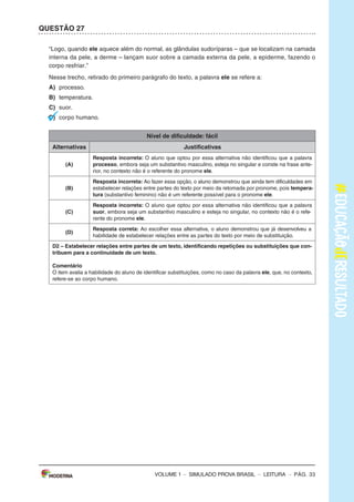 – sImULAdo PRovA bRAsIL – LEITURA – Pág. 3
SImulAdO PARA mONITORAmENTO dA APRENdIzAGEm PROvA BRASIl
Leia os textos para responder às questões 1 a 5.
Texto 1
O BANhO dE NINA
(De Ana Cristina Melo, com ilustrações de Cris Alhadeff. Editora Escrita Fina)
Ao saber que a água do mundo poderia acabar, Nina ficou preocupada e começou a matutar
soluções pra esse problema. suspender a escovação de dentes? Pedir para o papai não lavar o
carro? deixar de usar a descarga? Conheça as ideias dessa menina disposta a impedir uma seca
generalizada.
Disponível em: <http://chc.cienciahoje.uol.com.br/e-dia-da-agua/>. Acesso em: 6 fev. 2015. (Adaptado).
Texto 2
A ÁGuA
o consumo mundial de água triplicou em 1950. mas as reservas de água do nosso planeta não
acompanharam o aumento do consumo, continuando, assim, nos mesmos níveis.
o que chama atenção, também, é que nas últimas décadas o consumo médio de água tem se
ampliado cerca de 50%.
Usando uma torneira aberta durante 5 minutos, para escovar os dentes ou fazer a barba, se gasta
em média 12 litros de água. Algumas maneiras de economizar até 2 litros de água são: escovar os
dentes utilizando um copo de água, fazer a barba colocando um tampão na pia.
Uma torneira que fique gotejando um dia inteiro gasta cerca de 45 litros de água. outra atitude
que desperdiça muita água é um banho demorado.
Uma descarga chega a gastar 19 litros de água. Por isso recomenda-se que sejam trocadas as
válvulas de descarga antigas por válvulas novas que têm duas opções de descarga, e para quem
não pode trocar a descarga devem-se evitar descargas desnecessárias e prolongadas.
devemos ter consciência de que a água é um bem essencial para a vida de todos, pois nós po-
demos passar até 28 dias sem comer, mas apenas três dias sem água.
Disponível em: <http://www.acessaber.com.br/atividades/interpretacao-de-texto-agua-4o-ou-5o-ano>.
Acesso em: 5 fev. 2015. (Adaptado).
VOLUME 1
– sImULAdo PRovA bRAsIL – LEITURA – Pág. 3
SImulAdO PARA mONITORAmENTO dA APRENdIzAGEm PROvA BRASIl
Leia os textos para responder às questões 1 a 5.
Texto 1
O BANhO dE NINA
(De Ana Cristina Melo, com ilustrações de Cris Alhadeff. Editora Escrita Fina)
Ao saber que a água do mundo poderia acabar, Nina ficou preocupada e começou a matutar
soluções pra esse problema. suspender a escovação de dentes? Pedir para o papai não lavar o
carro? deixar de usar a descarga? Conheça as ideias dessa menina disposta a impedir uma seca
generalizada.
Disponível em: <http://chc.cienciahoje.uol.com.br/e-dia-da-agua/>. Acesso em: 6 fev. 2015. (Adaptado).
Texto 2
A ÁGuA
o consumo mundial de água triplicou em 1950. mas as reservas de água do nosso planeta não
acompanharam o aumento do consumo, continuando, assim, nos mesmos níveis.
o que chama atenção, também, é que nas últimas décadas o consumo médio de água tem se
ampliado cerca de 50%.
Usando uma torneira aberta durante 5 minutos, para escovar os dentes ou fazer a barba, se gasta
em média 12 litros de água. Algumas maneiras de economizar até 2 litros de água são: escovar os
dentes utilizando um copo de água, fazer a barba colocando um tampão na pia.
Uma torneira que fique gotejando um dia inteiro gasta cerca de 45 litros de água. outra atitude
que desperdiça muita água é um banho demorado.
Uma descarga chega a gastar 19 litros de água. Por isso recomenda-se que sejam trocadas as
válvulas de descarga antigas por válvulas novas que têm duas opções de descarga, e para quem
não pode trocar a descarga devem-se evitar descargas desnecessárias e prolongadas.
devemos ter consciência de que a água é um bem essencial para a vida de todos, pois nós po-
demos passar até 28 dias sem comer, mas apenas três dias sem água.
Disponível em: <http://www.acessaber.com.br/atividades/interpretacao-de-texto-agua-4o-ou-5o-ano>.
Acesso em: 5 fev. 2015. (Adaptado).
VOLUME 1
– sImULAdo PRovA bRAsIL – LEITURA – Pág. 33
QuESTÃO 27
“Logo, quando ele aquece além do normal, as glândulas sudoríparas – que se localizam na camada
interna da pele, a derme – lançam suor sobre a camada externa da pele, a epiderme, fazendo o
corpo resfriar.”
Nesse trecho, retirado do primeiro parágrafo do texto, a palavra ele se refere a:
A) processo.
B) temperatura.
C) suor.
d) corpo humano.
Nível de dificuldade: fácil
Alternativas Justificativas
(A)
Resposta incorreta: o aluno que optou por essa alternativa não identificou que a palavra
processo, embora seja um substantivo masculino, esteja no singular e conste na frase ante-
rior, no contexto não é o referente do pronome ele.
(B)
Resposta incorreta: Ao fazer essa opção, o aluno demonstrou que ainda tem dificuldades em
estabelecer relações entre partes do texto por meio da retomada por pronome, pois tempera-
tura (substantivo feminino) não é um referente possível para o pronome ele.
(C)
Resposta incorreta: o aluno que optou por essa alternativa não identificou que a palavra
suor, embora seja um substantivo masculino e esteja no singular, no contexto não é o refe-
rente do pronome ele.
(d)
Resposta correta: Ao escolher essa alternativa, o aluno demonstrou que já desenvolveu a
habilidade de estabelecer relações entre as partes do texto por meio de substituição.
d2 – Estabelecer relações entre partes de um texto, identificando repetições ou substituições que con-
tribuem para a continuidade de um texto.
Comentário
o item avalia a habilidade do aluno de identificar substituições, como no caso da palavra ele, que, no contexto,
refere-se ao corpo humano.
VOLUME 1
 
