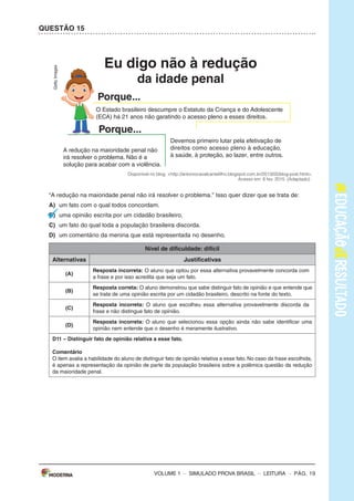 – sImULAdo PRovA bRAsIL – LEITURA – Pág. 3
SImulAdO PARA mONITORAmENTO dA APRENdIzAGEm PROvA BRASIl
Leia os textos para responder às questões 1 a 5.
Texto 1
O BANhO dE NINA
(De Ana Cristina Melo, com ilustrações de Cris Alhadeff. Editora Escrita Fina)
Ao saber que a água do mundo poderia acabar, Nina ficou preocupada e começou a matutar
soluções pra esse problema. suspender a escovação de dentes? Pedir para o papai não lavar o
carro? deixar de usar a descarga? Conheça as ideias dessa menina disposta a impedir uma seca
generalizada.
Disponível em: <http://chc.cienciahoje.uol.com.br/e-dia-da-agua/>. Acesso em: 6 fev. 2015. (Adaptado).
Texto 2
A ÁGuA
o consumo mundial de água triplicou em 1950. mas as reservas de água do nosso planeta não
acompanharam o aumento do consumo, continuando, assim, nos mesmos níveis.
o que chama atenção, também, é que nas últimas décadas o consumo médio de água tem se
ampliado cerca de 50%.
Usando uma torneira aberta durante 5 minutos, para escovar os dentes ou fazer a barba, se gasta
em média 12 litros de água. Algumas maneiras de economizar até 2 litros de água são: escovar os
dentes utilizando um copo de água, fazer a barba colocando um tampão na pia.
Uma torneira que fique gotejando um dia inteiro gasta cerca de 45 litros de água. outra atitude
que desperdiça muita água é um banho demorado.
Uma descarga chega a gastar 19 litros de água. Por isso recomenda-se que sejam trocadas as
válvulas de descarga antigas por válvulas novas que têm duas opções de descarga, e para quem
não pode trocar a descarga devem-se evitar descargas desnecessárias e prolongadas.
devemos ter consciência de que a água é um bem essencial para a vida de todos, pois nós po-
demos passar até 28 dias sem comer, mas apenas três dias sem água.
Disponível em: <http://www.acessaber.com.br/atividades/interpretacao-de-texto-agua-4o-ou-5o-ano>.
Acesso em: 5 fev. 2015. (Adaptado).
VOLUME 1
– sImULAdo PRovA bRAsIL – LEITURA – Pág. 3
SImulAdO PARA mONITORAmENTO dA APRENdIzAGEm PROvA BRASIl
Leia os textos para responder às questões 1 a 5.
Texto 1
O BANhO dE NINA
(De Ana Cristina Melo, com ilustrações de Cris Alhadeff. Editora Escrita Fina)
Ao saber que a água do mundo poderia acabar, Nina ficou preocupada e começou a matutar
soluções pra esse problema. suspender a escovação de dentes? Pedir para o papai não lavar o
carro? deixar de usar a descarga? Conheça as ideias dessa menina disposta a impedir uma seca
generalizada.
Disponível em: <http://chc.cienciahoje.uol.com.br/e-dia-da-agua/>. Acesso em: 6 fev. 2015. (Adaptado).
Texto 2
A ÁGuA
o consumo mundial de água triplicou em 1950. mas as reservas de água do nosso planeta não
acompanharam o aumento do consumo, continuando, assim, nos mesmos níveis.
o que chama atenção, também, é que nas últimas décadas o consumo médio de água tem se
ampliado cerca de 50%.
Usando uma torneira aberta durante 5 minutos, para escovar os dentes ou fazer a barba, se gasta
em média 12 litros de água. Algumas maneiras de economizar até 2 litros de água são: escovar os
dentes utilizando um copo de água, fazer a barba colocando um tampão na pia.
Uma torneira que fique gotejando um dia inteiro gasta cerca de 45 litros de água. outra atitude
que desperdiça muita água é um banho demorado.
Uma descarga chega a gastar 19 litros de água. Por isso recomenda-se que sejam trocadas as
válvulas de descarga antigas por válvulas novas que têm duas opções de descarga, e para quem
não pode trocar a descarga devem-se evitar descargas desnecessárias e prolongadas.
devemos ter consciência de que a água é um bem essencial para a vida de todos, pois nós po-
demos passar até 28 dias sem comer, mas apenas três dias sem água.
Disponível em: <http://www.acessaber.com.br/atividades/interpretacao-de-texto-agua-4o-ou-5o-ano>.
Acesso em: 5 fev. 2015. (Adaptado).
VOLUME 1
– sImULAdo PRovA bRAsIL – LEITURA – Pág. 19
QuESTÃO 15
Eu digo não à redução
da idade penal
o Estado brasileiro descumpre o Estatuto da Criança e do Adolescente
(ECA) há 21 anos não garatindo o acesso pleno a esses direitos.
Porque...
Porque...
A redução na maioridade penal não
irá resolver o problema. Não é a
solução para acabar com a violência.
Disponível no blog: <http://antoniocavalcantefilho.blogspot.com.br/2013/05/blog-post.html>.
Acesso em: 6 fev. 2015. (Adaptado)
“A redução na maioridade penal não irá resolver o problema.” Isso quer dizer que se trata de:
A) um fato com o qual todos concordam.
B) uma opinião escrita por um cidadão brasileiro.
C) um fato do qual toda a população brasileira discorda.
d) um comentário da menina que está representada no desenho.
Nível de dificuldade: difícil
Alternativas Justificativas
(A)
Resposta incorreta: o aluno que optou por essa alternativa provavelmente concorda com
a frase e por isso acredita que seja um fato.
(B)
Resposta correta: O aluno demonstrou que sabe distinguir fato de opinião e que entende que
se trata de uma opinião escrita por um cidadão brasileiro, descrito na fonte do texto.
(C)
Resposta incorreta: o aluno que escolheu essa alternativa provavelmente discorda da
frase e não distingue fato de opinião.
(d)
Resposta incorreta: o aluno que selecionou essa opção ainda não sabe identificar uma
opinião nem entende que o desenho é meramente ilustrativo.
d11 – distinguir fato de opinião relativa a esse fato.
Comentário
o item avalia a habilidade do aluno de distinguir fato de opinião relativa a esse fato. No caso da frase escolhida,
é apenas a representação da opinião de parte da população brasileira sobre a polêmica questão da redução
da maioridade penal.
getty
Images
Devemos primeiro lutar pela efetivação de
direitos como acesso pleno à educação,
à saúde, à proteção, ao lazer, entre outros.
VOLUME 1
 