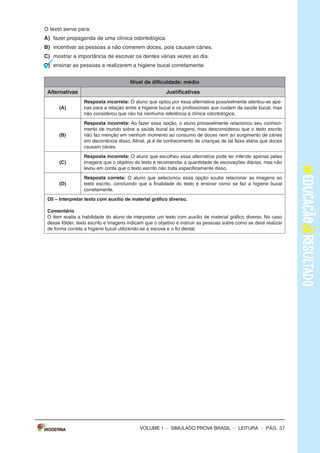 – sImULAdo PRovA bRAsIL – LEITURA – Pág. 3
SImulAdO PARA mONITORAmENTO dA APRENdIzAGEm PROvA BRASIl
Leia os textos para responder às questões 1 a 5.
Texto 1
O BANhO dE NINA
(De Ana Cristina Melo, com ilustrações de Cris Alhadeff. Editora Escrita Fina)
Ao saber que a água do mundo poderia acabar, Nina ficou preocupada e começou a matutar
soluções pra esse problema. suspender a escovação de dentes? Pedir para o papai não lavar o
carro? deixar de usar a descarga? Conheça as ideias dessa menina disposta a impedir uma seca
generalizada.
Disponível em: <http://chc.cienciahoje.uol.com.br/e-dia-da-agua/>. Acesso em: 6 fev. 2015. (Adaptado).
Texto 2
A ÁGuA
o consumo mundial de água triplicou em 1950. mas as reservas de água do nosso planeta não
acompanharam o aumento do consumo, continuando, assim, nos mesmos níveis.
o que chama atenção, também, é que nas últimas décadas o consumo médio de água tem se
ampliado cerca de 50%.
Usando uma torneira aberta durante 5 minutos, para escovar os dentes ou fazer a barba, se gasta
em média 12 litros de água. Algumas maneiras de economizar até 2 litros de água são: escovar os
dentes utilizando um copo de água, fazer a barba colocando um tampão na pia.
Uma torneira que fique gotejando um dia inteiro gasta cerca de 45 litros de água. outra atitude
que desperdiça muita água é um banho demorado.
Uma descarga chega a gastar 19 litros de água. Por isso recomenda-se que sejam trocadas as
válvulas de descarga antigas por válvulas novas que têm duas opções de descarga, e para quem
não pode trocar a descarga devem-se evitar descargas desnecessárias e prolongadas.
devemos ter consciência de que a água é um bem essencial para a vida de todos, pois nós po-
demos passar até 28 dias sem comer, mas apenas três dias sem água.
Disponível em: <http://www.acessaber.com.br/atividades/interpretacao-de-texto-agua-4o-ou-5o-ano>.
Acesso em: 5 fev. 2015. (Adaptado).
VOLUME 1
– sImULAdo PRovA bRAsIL – LEITURA – Pág. 3
SImulAdO PARA mONITORAmENTO dA APRENdIzAGEm PROvA BRASIl
Leia os textos para responder às questões 1 a 5.
Texto 1
O BANhO dE NINA
(De Ana Cristina Melo, com ilustrações de Cris Alhadeff. Editora Escrita Fina)
Ao saber que a água do mundo poderia acabar, Nina ficou preocupada e começou a matutar
soluções pra esse problema. suspender a escovação de dentes? Pedir para o papai não lavar o
carro? deixar de usar a descarga? Conheça as ideias dessa menina disposta a impedir uma seca
generalizada.
Disponível em: <http://chc.cienciahoje.uol.com.br/e-dia-da-agua/>. Acesso em: 6 fev. 2015. (Adaptado).
Texto 2
A ÁGuA
o consumo mundial de água triplicou em 1950. mas as reservas de água do nosso planeta não
acompanharam o aumento do consumo, continuando, assim, nos mesmos níveis.
o que chama atenção, também, é que nas últimas décadas o consumo médio de água tem se
ampliado cerca de 50%.
Usando uma torneira aberta durante 5 minutos, para escovar os dentes ou fazer a barba, se gasta
em média 12 litros de água. Algumas maneiras de economizar até 2 litros de água são: escovar os
dentes utilizando um copo de água, fazer a barba colocando um tampão na pia.
Uma torneira que fique gotejando um dia inteiro gasta cerca de 45 litros de água. outra atitude
que desperdiça muita água é um banho demorado.
Uma descarga chega a gastar 19 litros de água. Por isso recomenda-se que sejam trocadas as
válvulas de descarga antigas por válvulas novas que têm duas opções de descarga, e para quem
não pode trocar a descarga devem-se evitar descargas desnecessárias e prolongadas.
devemos ter consciência de que a água é um bem essencial para a vida de todos, pois nós po-
demos passar até 28 dias sem comer, mas apenas três dias sem água.
Disponível em: <http://www.acessaber.com.br/atividades/interpretacao-de-texto-agua-4o-ou-5o-ano>.
Acesso em: 5 fev. 2015. (Adaptado).
VOLUME 1
– sImULAdo PRovA bRAsIL – LEITURA – Pág. 37
o texto serve para:
A) fazer propaganda de uma clínica odontológica.
B) incentivar as pessoas a não comerem doces, pois causam cáries.
C) mostrar a importância de escovar os dentes várias vezes ao dia.
d) ensinar as pessoas a realizarem a higiene bucal corretamente.
Nível de dificuldade: médio
Alternativas Justificativas
(A)
Resposta incorreta: o aluno que optou por essa alternativa possivelmente atentou-se ape-
nas para a relação entre a higiene bucal e os profissionais que cuidam da saúde bucal, mas
não considerou que não há nenhuma referência à clínica odontológica.
(B)
Resposta incorreta: Ao fazer essa opção, o aluno provavelmente relacionou seu conheci-
mento de mundo sobre a saúde bucal às imagens, mas desconsiderou que o texto escrito
não faz menção em nenhum momento ao consumo de doces nem ao surgimento de cáries
em decorrência disso. Afinal, já é de conhecimento de crianças de tal faixa etária que doces
causam cáries.
(C)
Resposta incorreta: o aluno que escolheu essa alternativa pode ter inferido apenas pelas
imagens que o objetivo do texto é recomendar a quantidade de escovações diárias, mas não
levou em conta que o texto escrito não trata especificamente disso.
(d)
Resposta correta: o aluno que selecionou essa opção soube relacionar as imagens ao
texto escrito, concluindo que a finalidade do texto é ensinar como se faz a higiene bucal
corretamente.
d5 – Interpretar texto com auxílio de material gráfico diverso.
Comentário
o item avalia a habilidade do aluno de interpretar um texto com auxílio de material gráfico diverso. No caso
desse fôlder, texto escrito e imagens indicam que o objetivo é instruir as pessoas sobre como se deve realizar
de forma correta a higiene bucal utilizando-se a escova e o fio dental.
VOLUME 1
 
