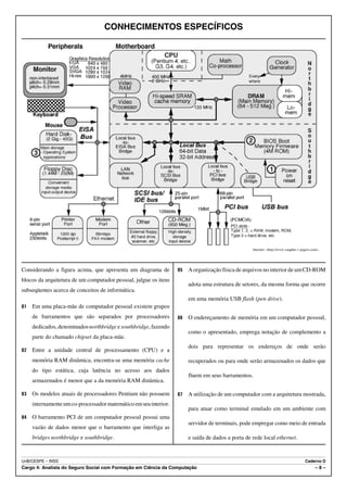 CONHECIMENTOS ESPECÍFICOS




                                                                                                   Internet: <http://www.vaughns-1-pagers.com>.




Considerando a figura acima, que apresenta um diagrama de         85   A organização física de arquivos no interior de um CD-ROM
blocos da arquitetura de um computador pessoal, julgue os itens
                                                                       adota uma estrutura de setores, da mesma forma que ocorre
subseqüentes acerca de conceitos de informática.
                                                                       em uma memória USB flash (pen drive).
81   Em uma placa-mãe de computador pessoal existem grupos
     de barramentos que são separados por processadores           86   O endereçamento de memória em um computador pessoal,
     dedicados, denominados northbridge e southbridge, fazendo
                                                                       como o apresentado, emprega notação de complemento a
     parte do chamado chipset da placa-mãe.
                                                                       dois para representar os endereços de onde serão
82   Entre a unidade central de processamento (CPU) e a
     memória RAM dinâmica, encontra-se uma memória cache               recuperados ou para onde serão armazenados os dados que
     do tipo estática, cuja latência no acesso aos dados
                                                                       fluem em seus barramentos.
     armazenados é menor que a da memória RAM dinâmica.

83   Os modelos atuais de processadores Pentium não possuem       87   A utilização de um computador com a arquitetura mostrada,
     internamente um co-processador matemático em seu interior.
                                                                       para atuar como terminal emulado em um ambiente com
84   O barramento PCI de um computador pessoal possui uma
                                                                       servidor de terminais, pode empregar como meio de entrada
     vazão de dados menor que o barramento que interliga as
     bridges northbridge e southbridge.                                e saída de dados a porta de rede local ethernet.


UnB/CESPE – INSS                                                                                                                     Caderno D
Cargo 4: Analista do Seguro Social com Formação em Ciência da Computação                                                                    –8–
 